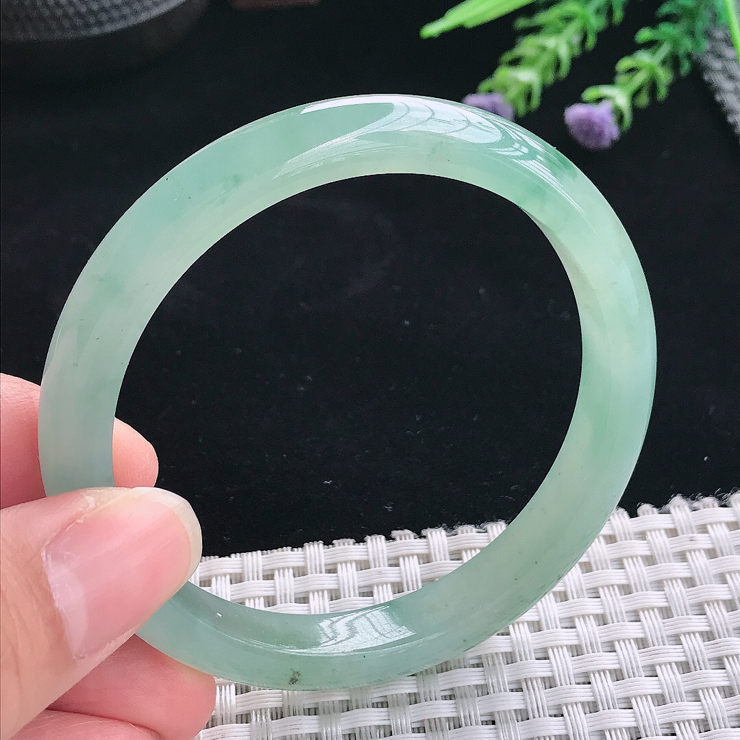 实拍A货翡翠57.5/9.6/7.5老坑冰胶水灵晴绿手镯翡翠玉镯手环