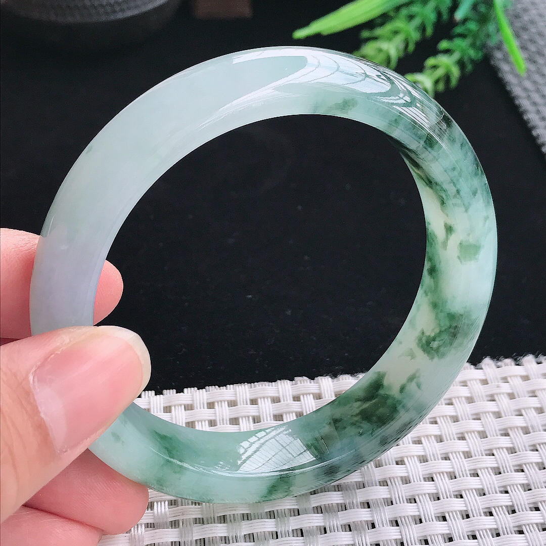 实拍A货翡翠60/14.2/9老坑冰润起胶飘花手镯翡翠玉镯手环