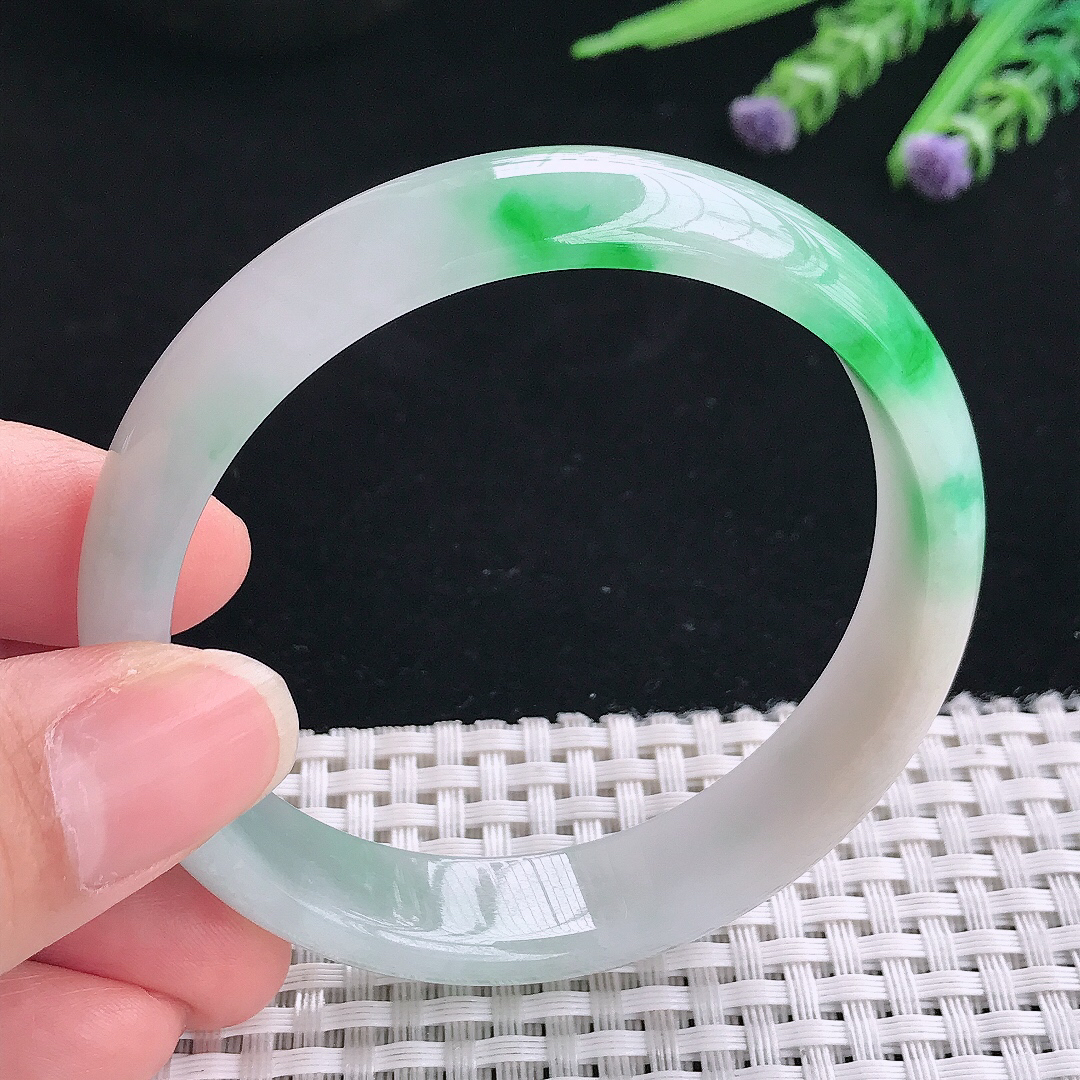 实拍A货翡翠58/13.7/6.5老坑精美飘阳绿手镯翡翠玉镯手环