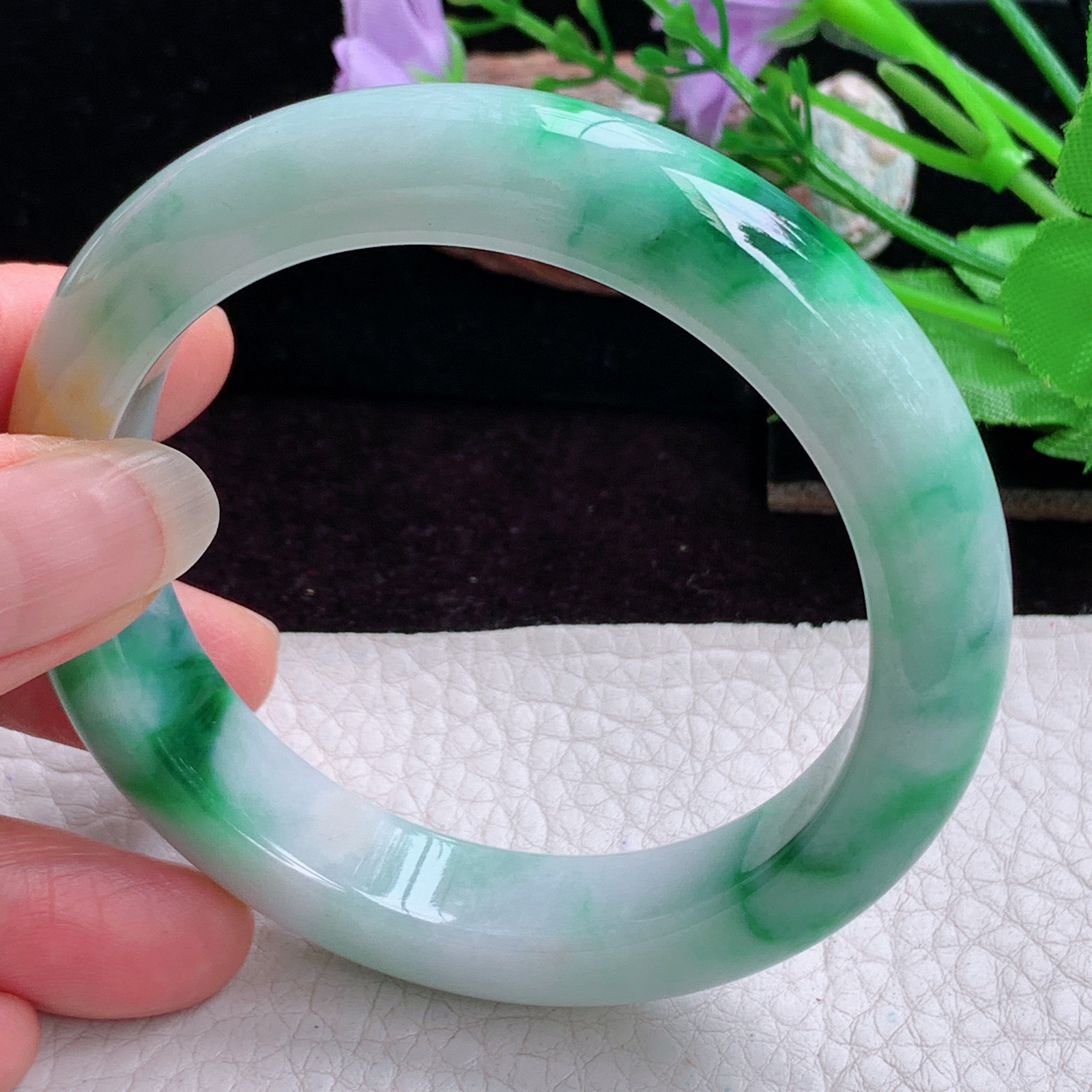 h实拍57*12.5*9.2平安镯 天然缅甸翡翠手镯三彩厚装正圈玉镯子