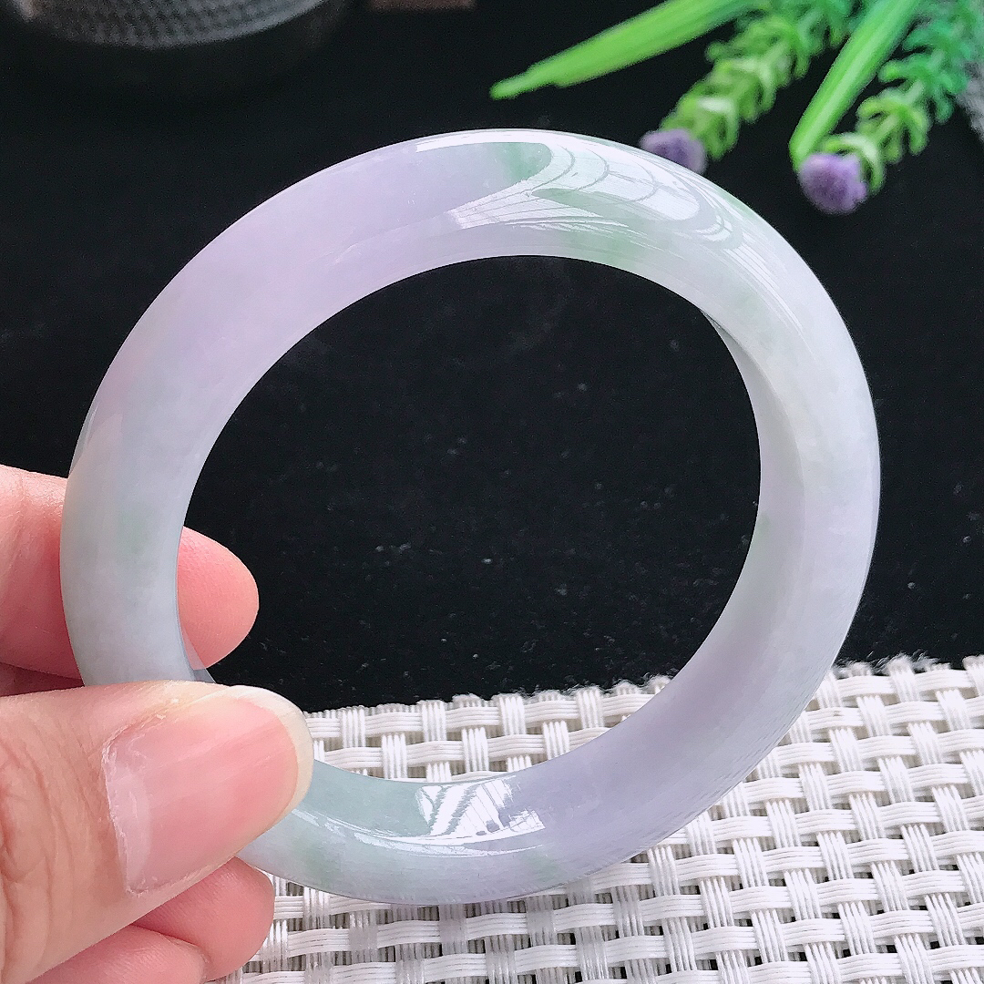 实拍A货翡翠54.5/12.3/9老坑冰胶水灵紫罗兰手镯翡翠玉镯手环