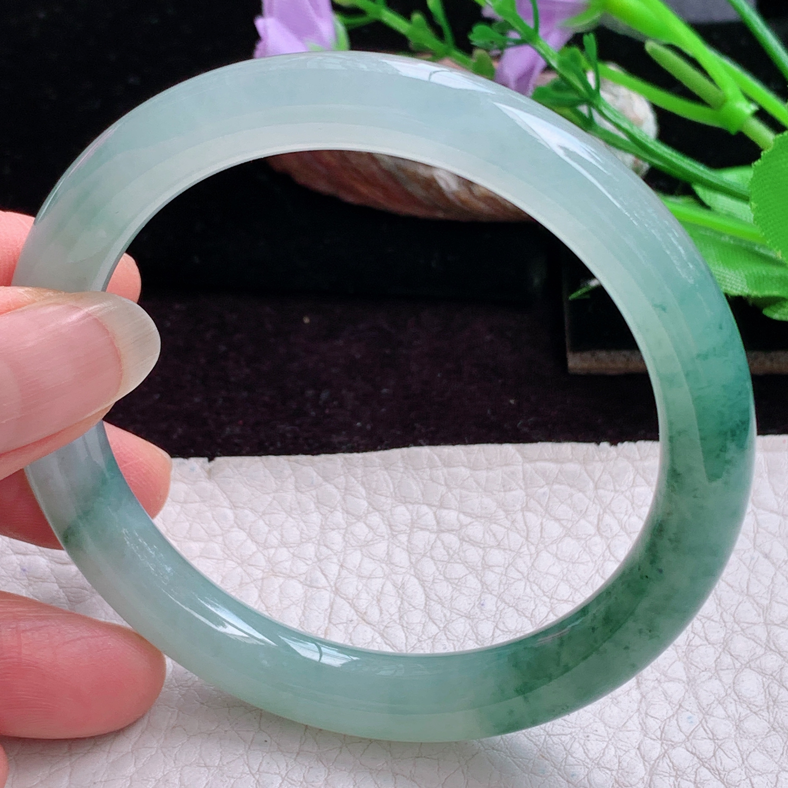 xc实拍57.5*9*8.8美人镯 天然缅甸翡翠手镯冰胶飘花正圈玉镯子 叮当镯