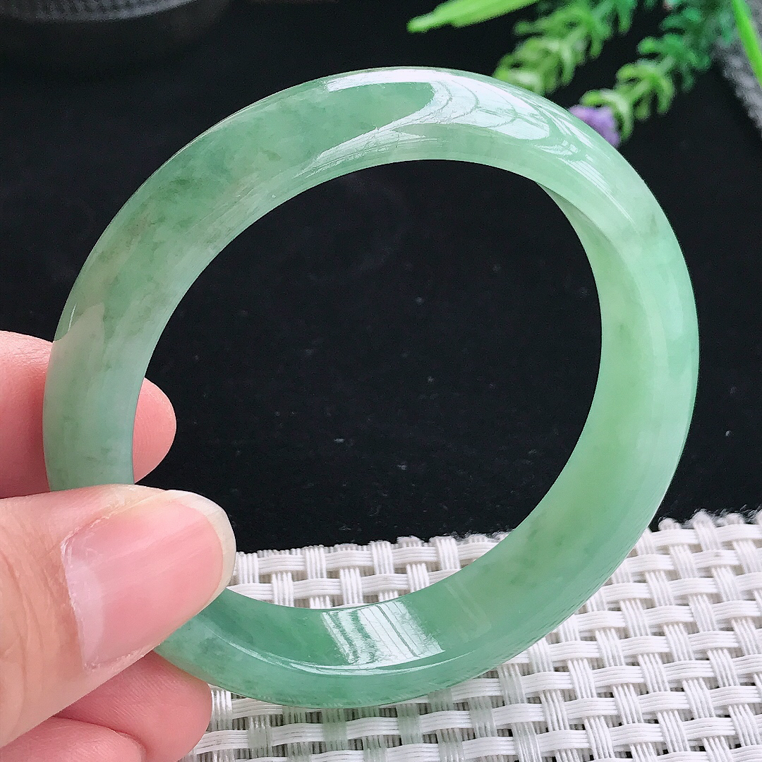 实拍A货翡翠56/14.2/7.8老坑冰胶满绿手镯翡翠玉镯手环