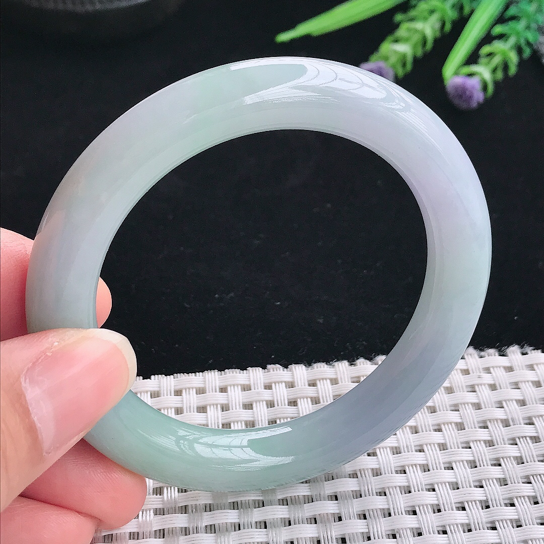 实拍A货翡翠53.5/10.1/10老坑冰胶果冻紫罗兰圆条手镯翡翠玉镯手环