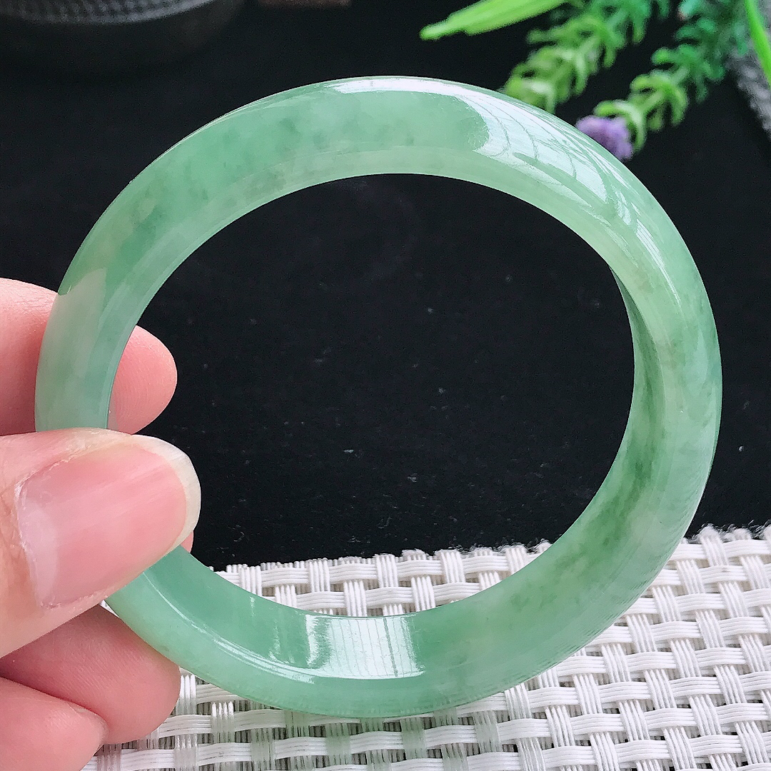 实拍A货翡翠56/14.2/7.8老坑冰胶满绿手镯翡翠玉镯手环