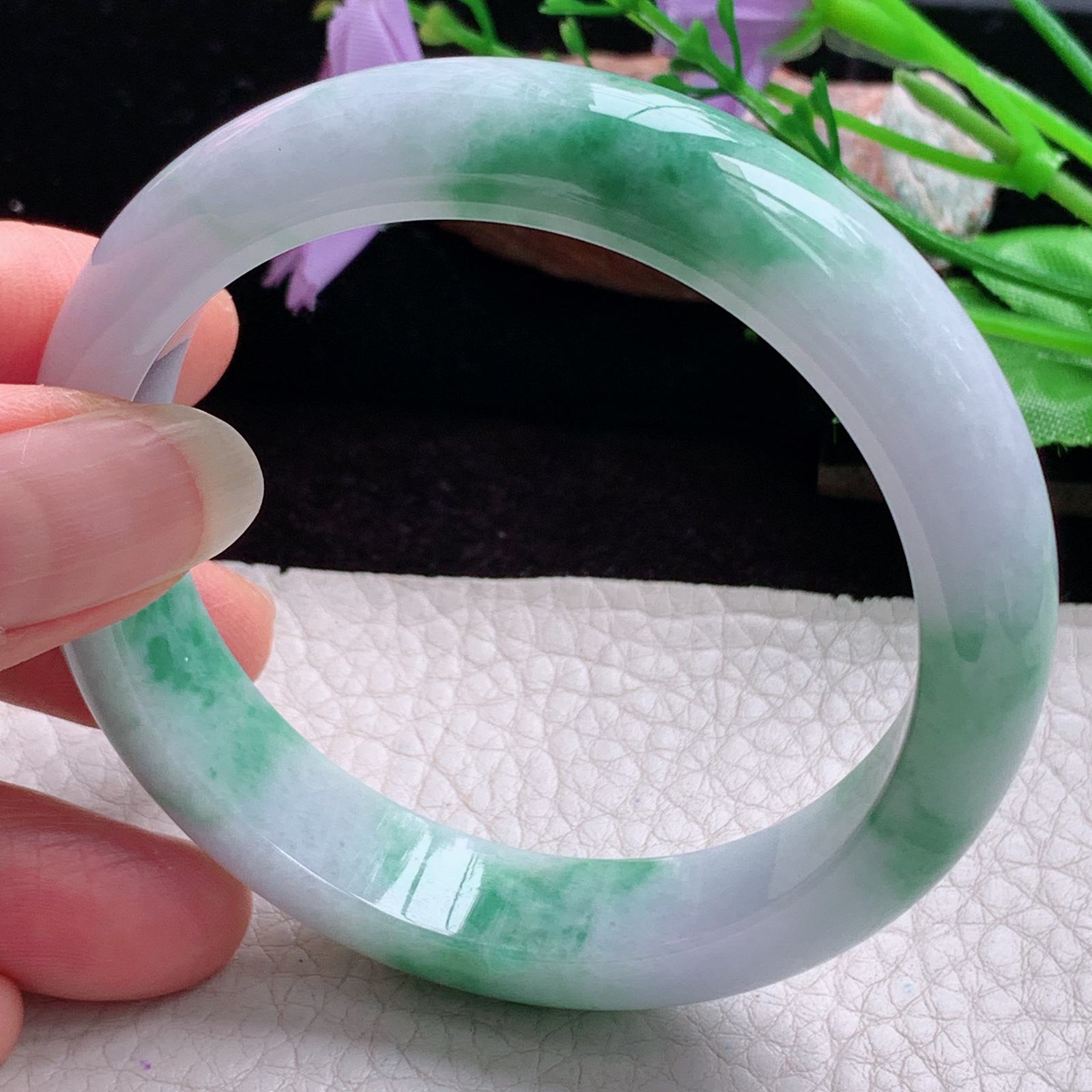 hy实拍56*13*8平安镯 天然缅甸翡翠手镯胶感飘花正圈玉镯子
