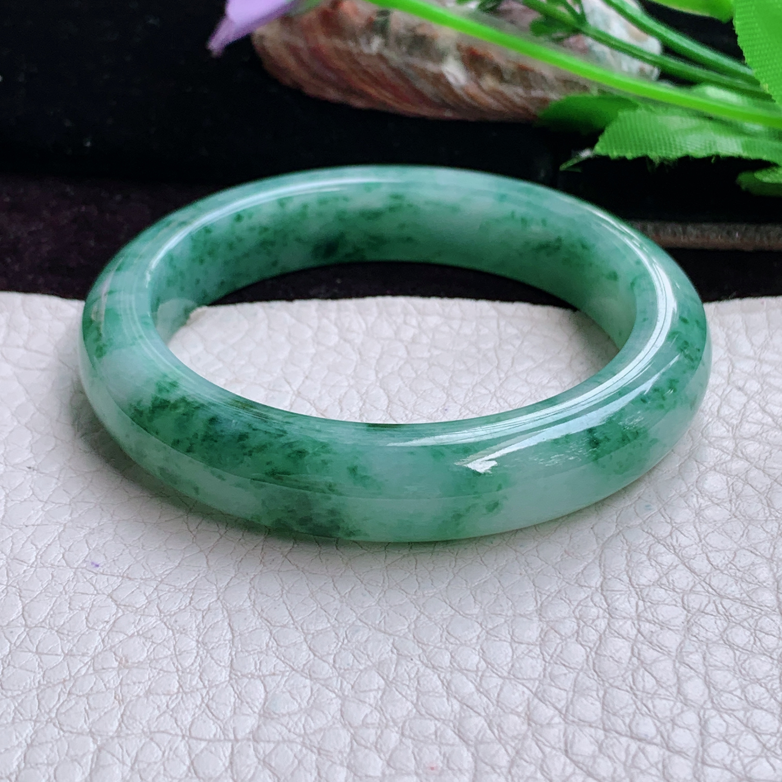 pj实拍54*12*8.5平安镯 天然缅甸翡翠手镯飘花正圈玉镯子