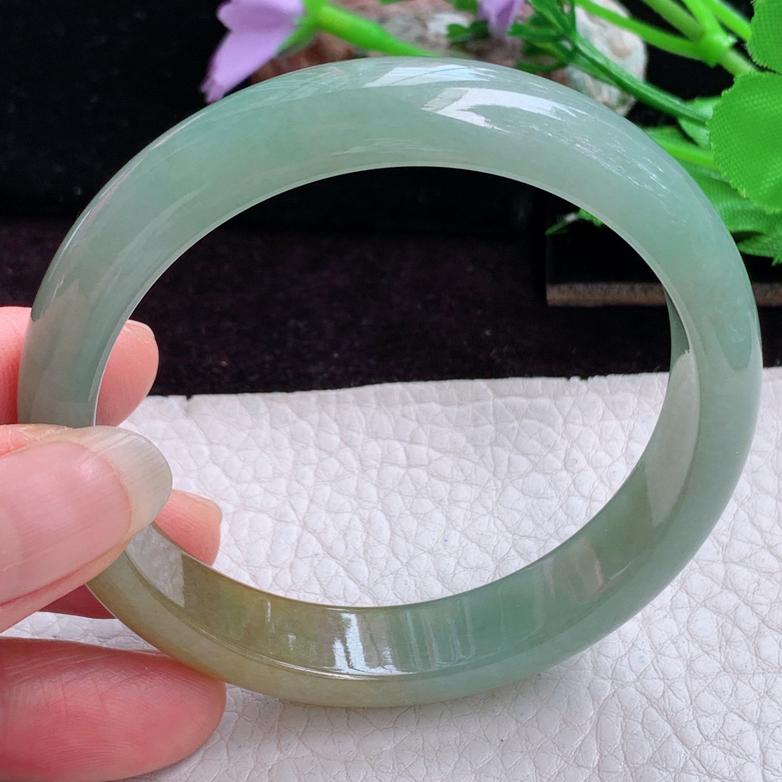 h实拍57.5*12.2*7.3招财镯 特色天然缅甸翡翠手镯冰双彩正圈玉镯子