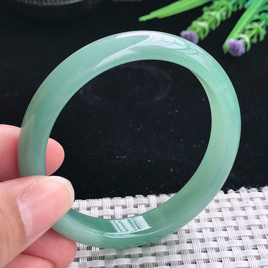 实拍A货翡翠57/11.4/7.2老坑冰润满色油绿手镯翡翠玉镯手环