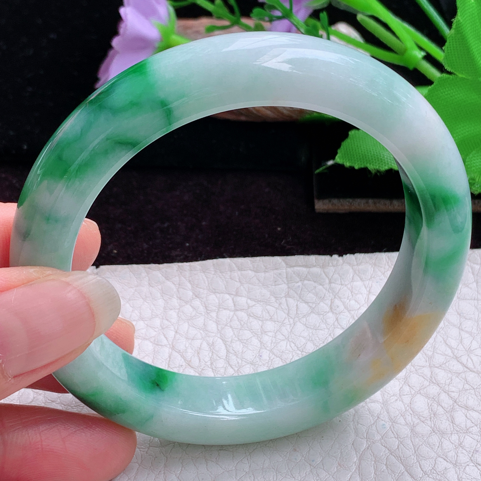 h实拍57*12.5*9.2平安镯 天然缅甸翡翠手镯三彩厚装正圈玉镯子