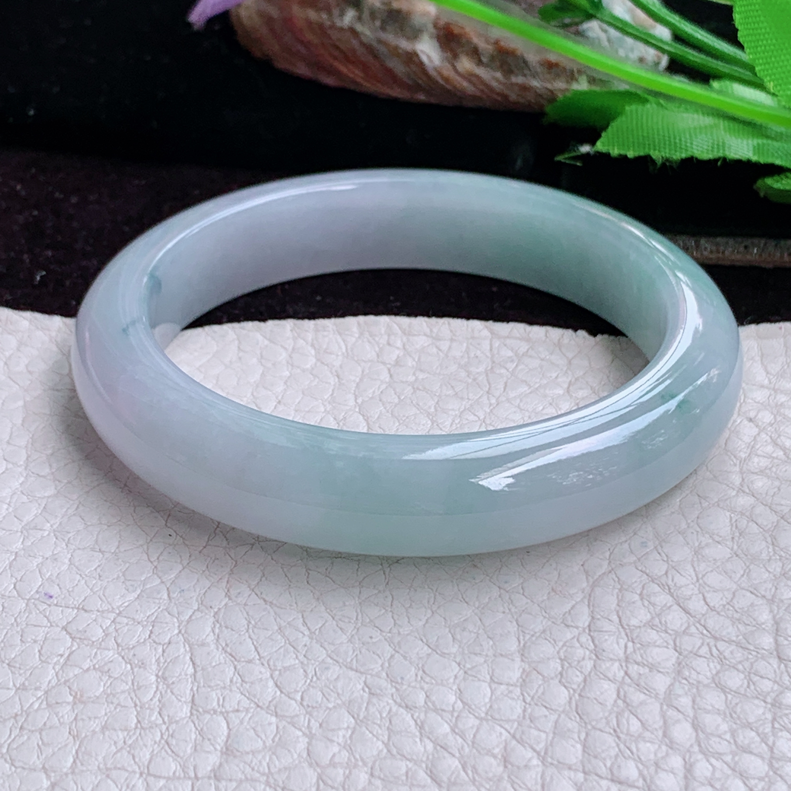 r实拍53.8*11.5*8平安镯 天然缅甸翡翠A货玉手镯胶感甜美淡雅正圈玉镯子