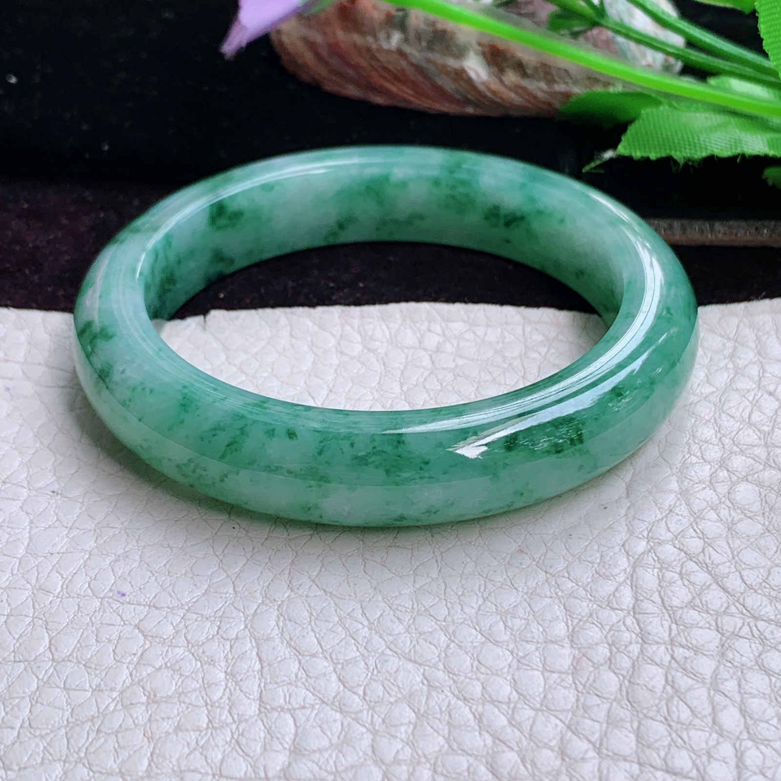 pj实拍54*12*8.5平安镯 天然缅甸翡翠手镯飘花正圈玉镯子