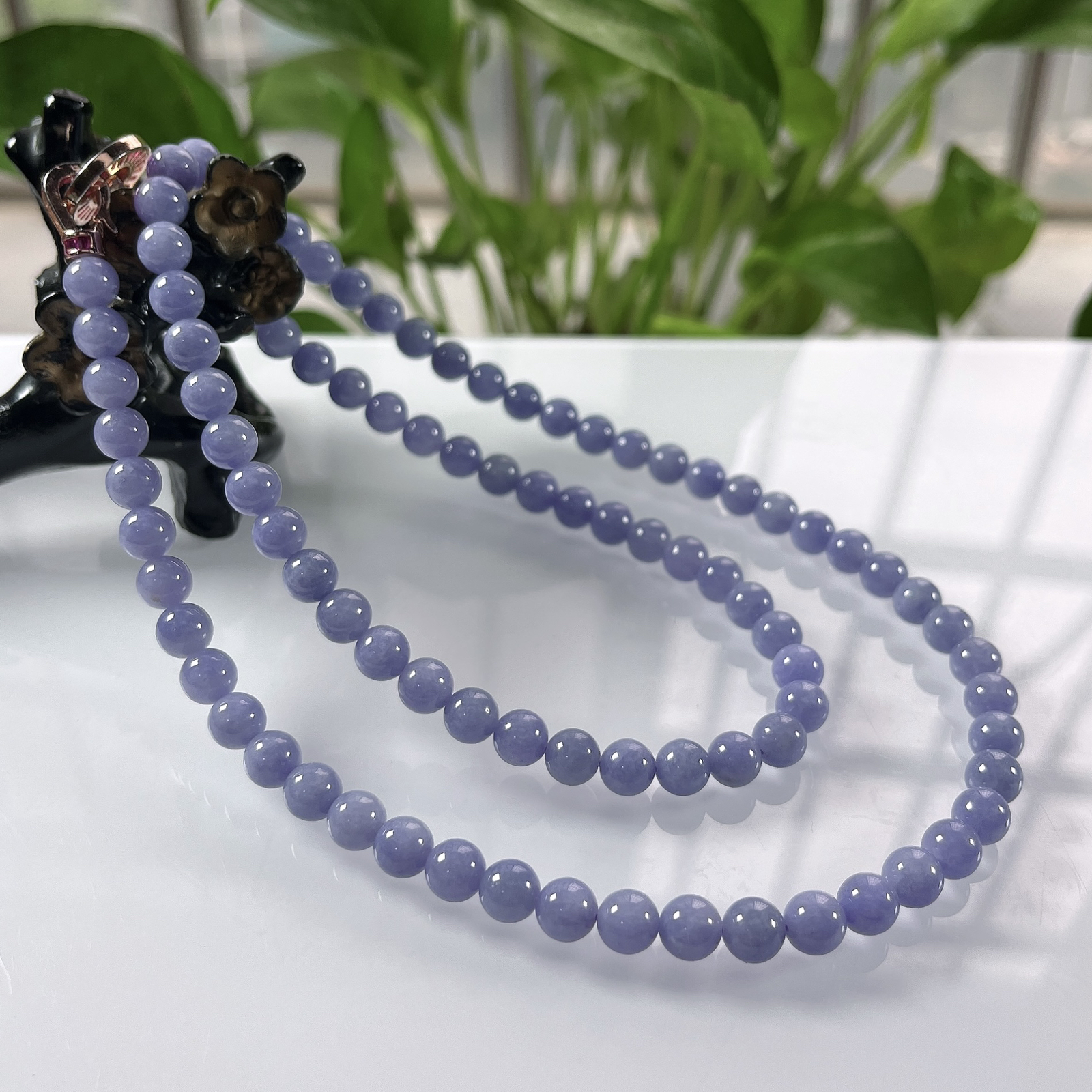 收藏级别，缅甸天然翡翠A货，卡7冰润紫罗兰浓妖紫圆珠项链手链，尺寸：7mm/92颗，长度650mm，重量：60.92g