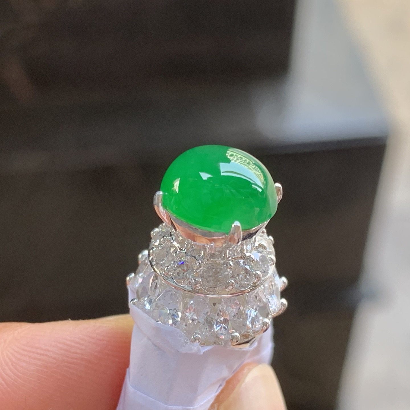 阳绿色戒面 种好水润 颜色漂亮 饱满 铜托