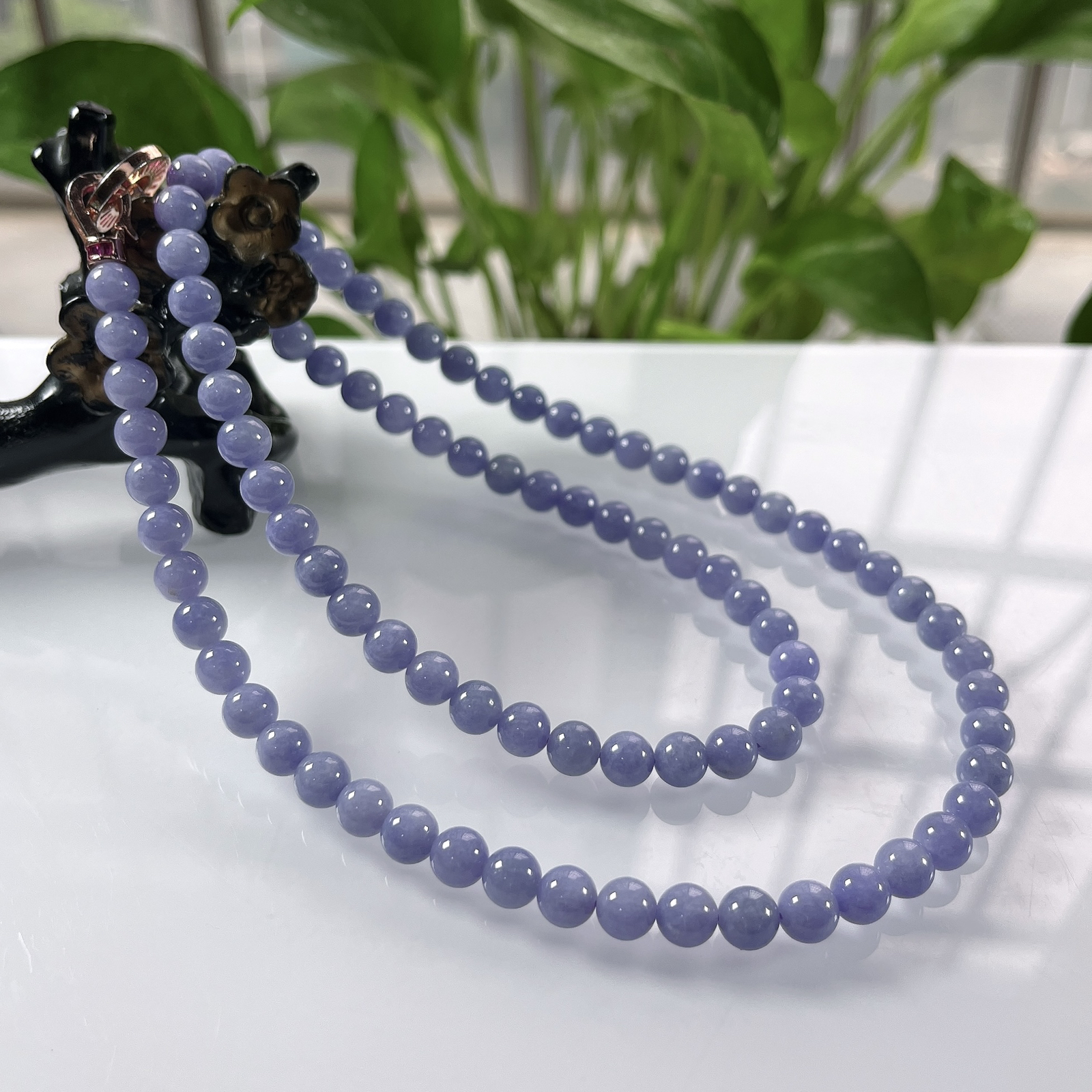 收藏级别，缅甸天然翡翠A货，卡7冰润紫罗兰浓妖紫圆珠项链手链，尺寸：7mm/92颗，长度650mm，重量：60.92g