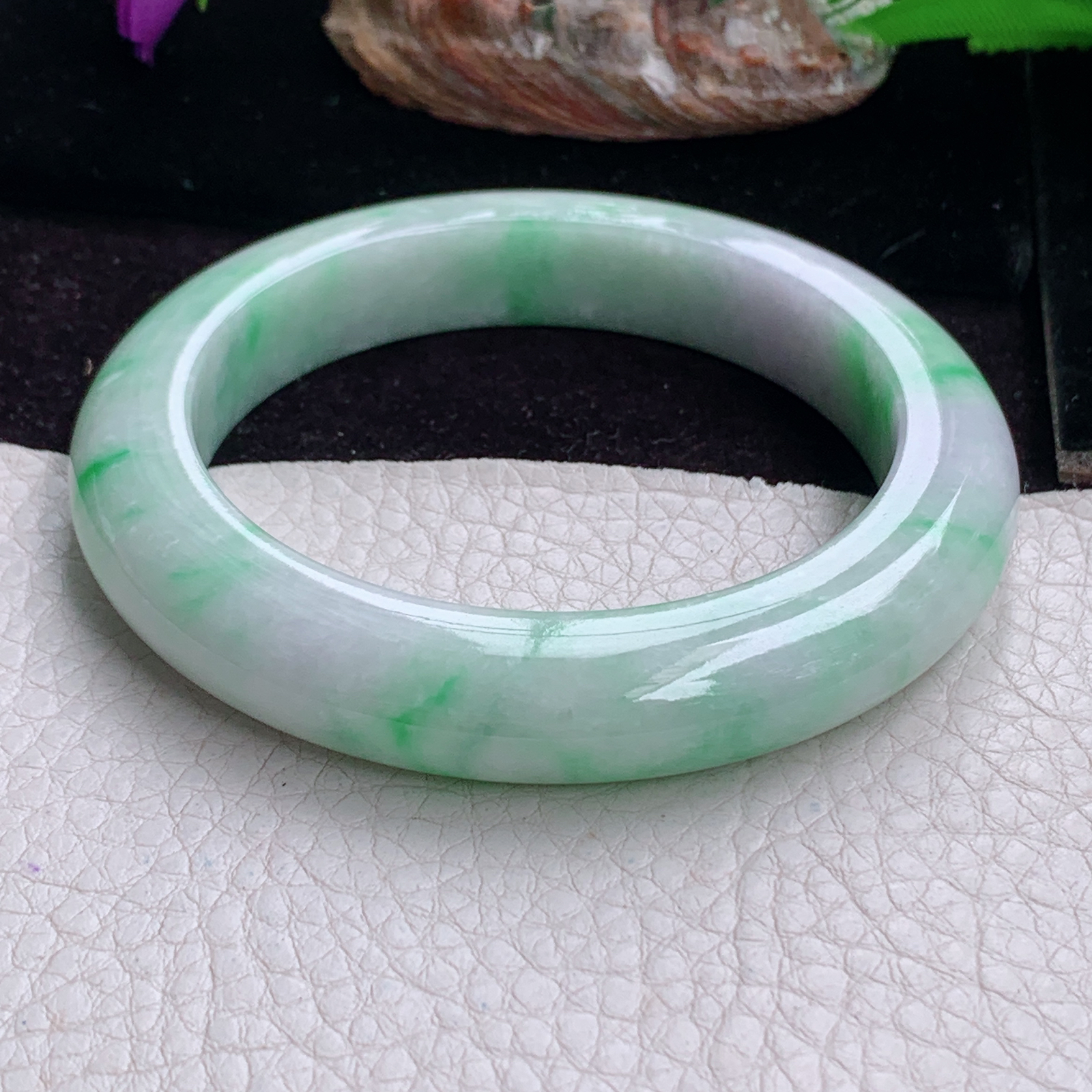 pj实拍58.8*11.8*10.5平安镯 天然缅甸翡翠手镯飘绿厚装正圈玉镯子