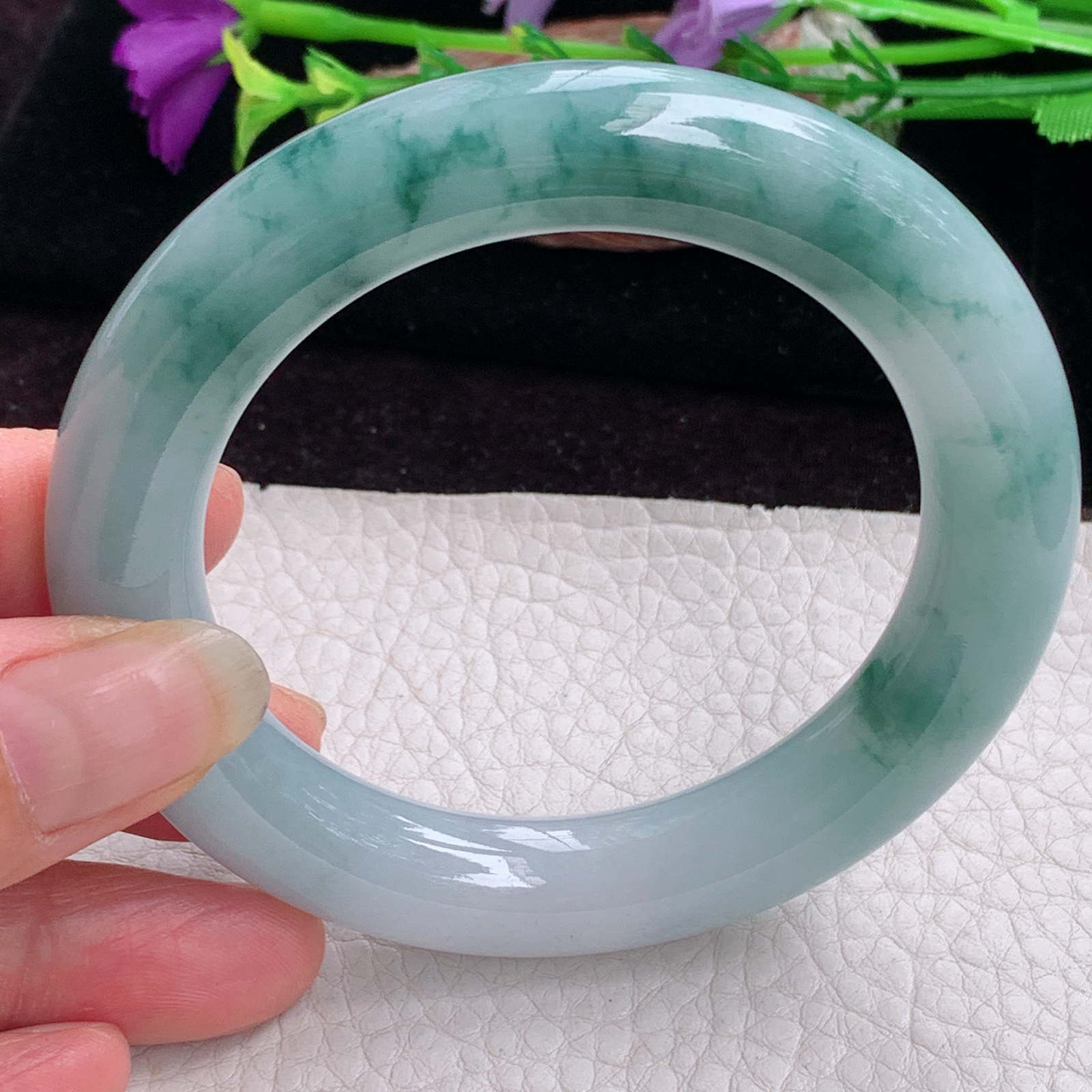 z实拍56*11.5*12胖圆镯 天然缅甸翡翠手镯飘花大气圆条正圈玉镯子