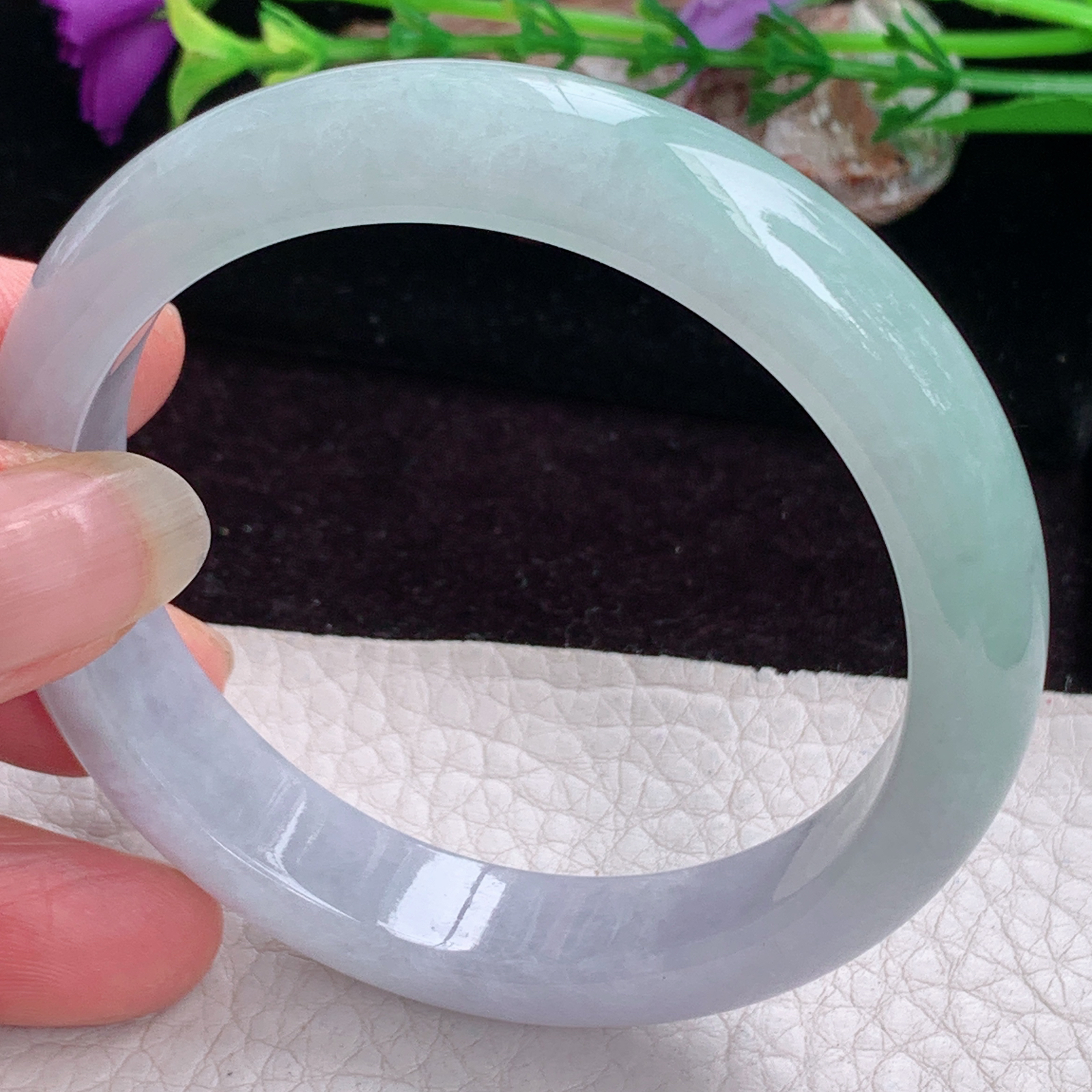 pj实拍56.8*12*7.8平安镯 天然缅甸翡翠手镯春带彩胶感正圈玉镯子