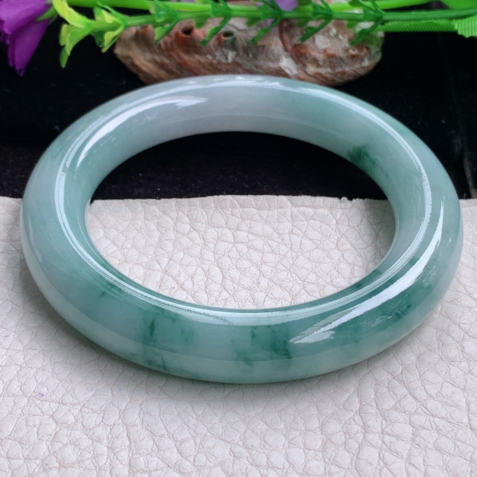 z实拍56*11.5*12胖圆镯 天然缅甸翡翠手镯飘花大气圆条正圈玉镯子