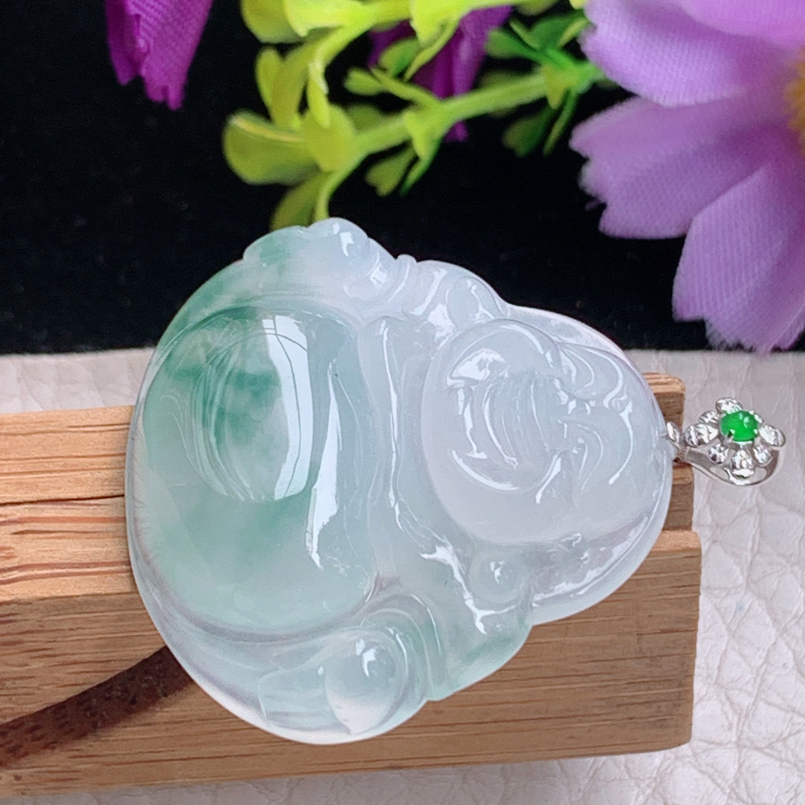 zz3实拍30*32.6*6缅甸翡翠冰种飘花大佛公吊坠 18k金扣弥勒佛玉坠