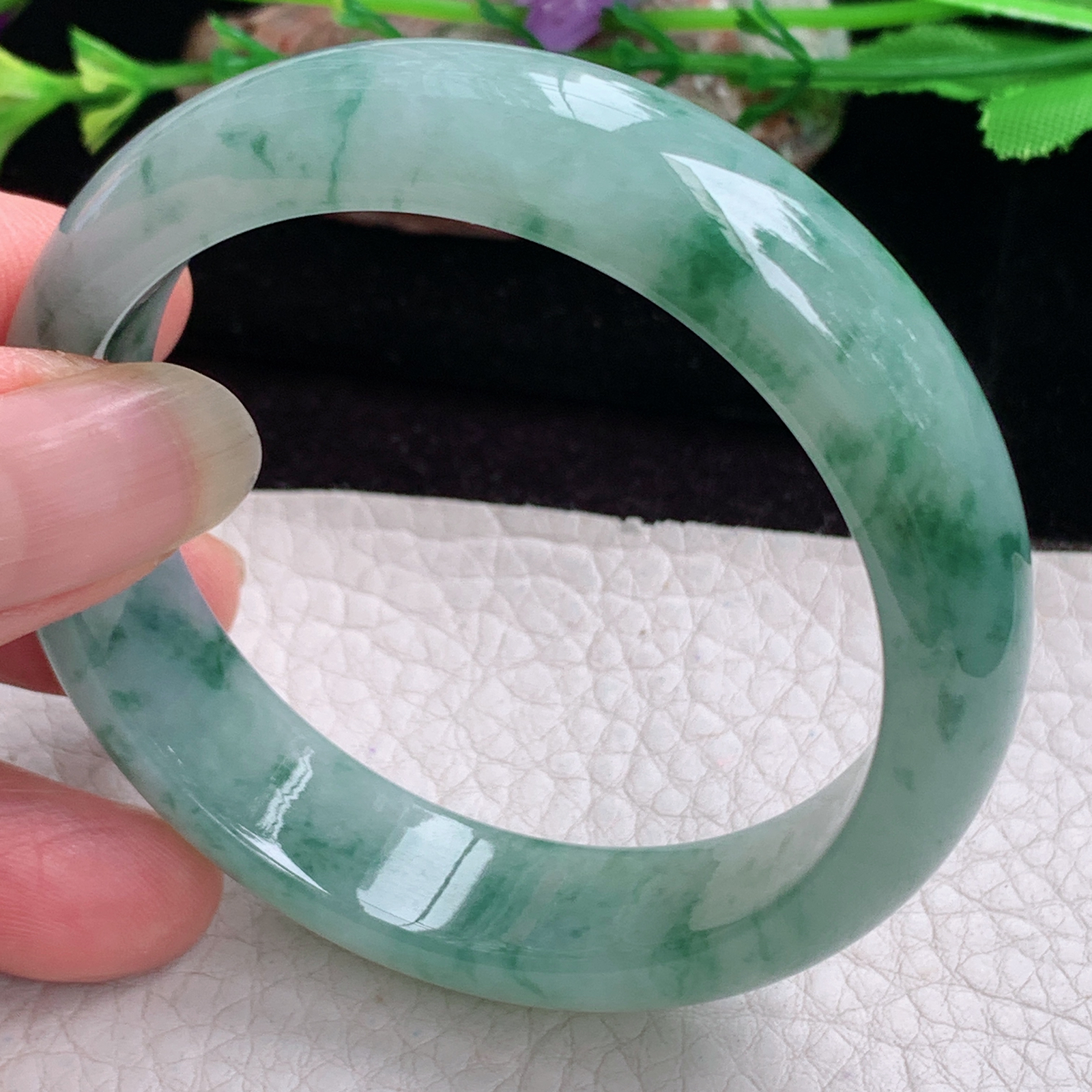 ee小圈口53*13.3*7.3平安镯 天然缅甸翡翠手镯冰飘花秀气正圈玉镯子