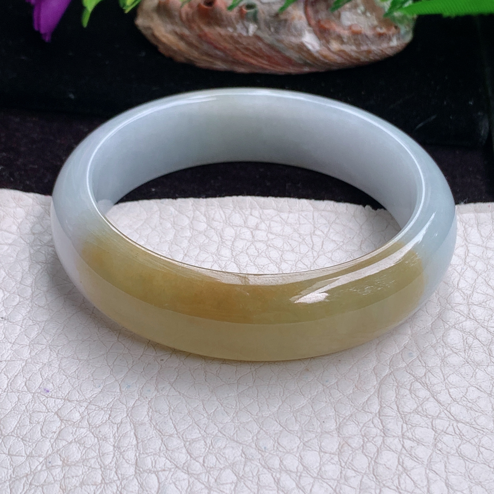 z实拍55*15*7.5招财轮胎镯 天然缅甸翡翠手镯双彩正圈玉镯子