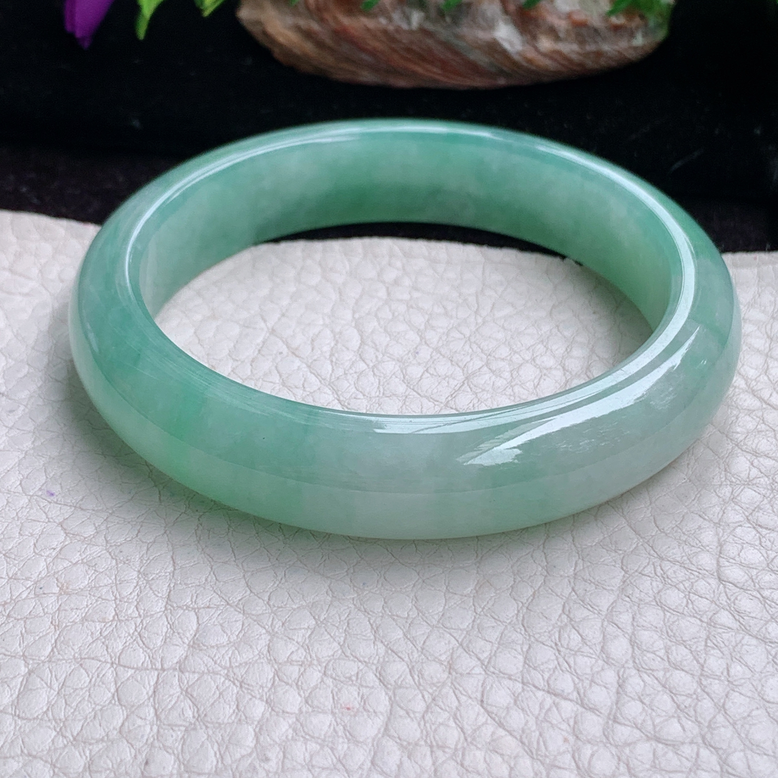 ee实拍57.5*13*8.2平安镯 天然缅甸翡翠手镯冰胶飘绿清爽大气正圈玉镯子