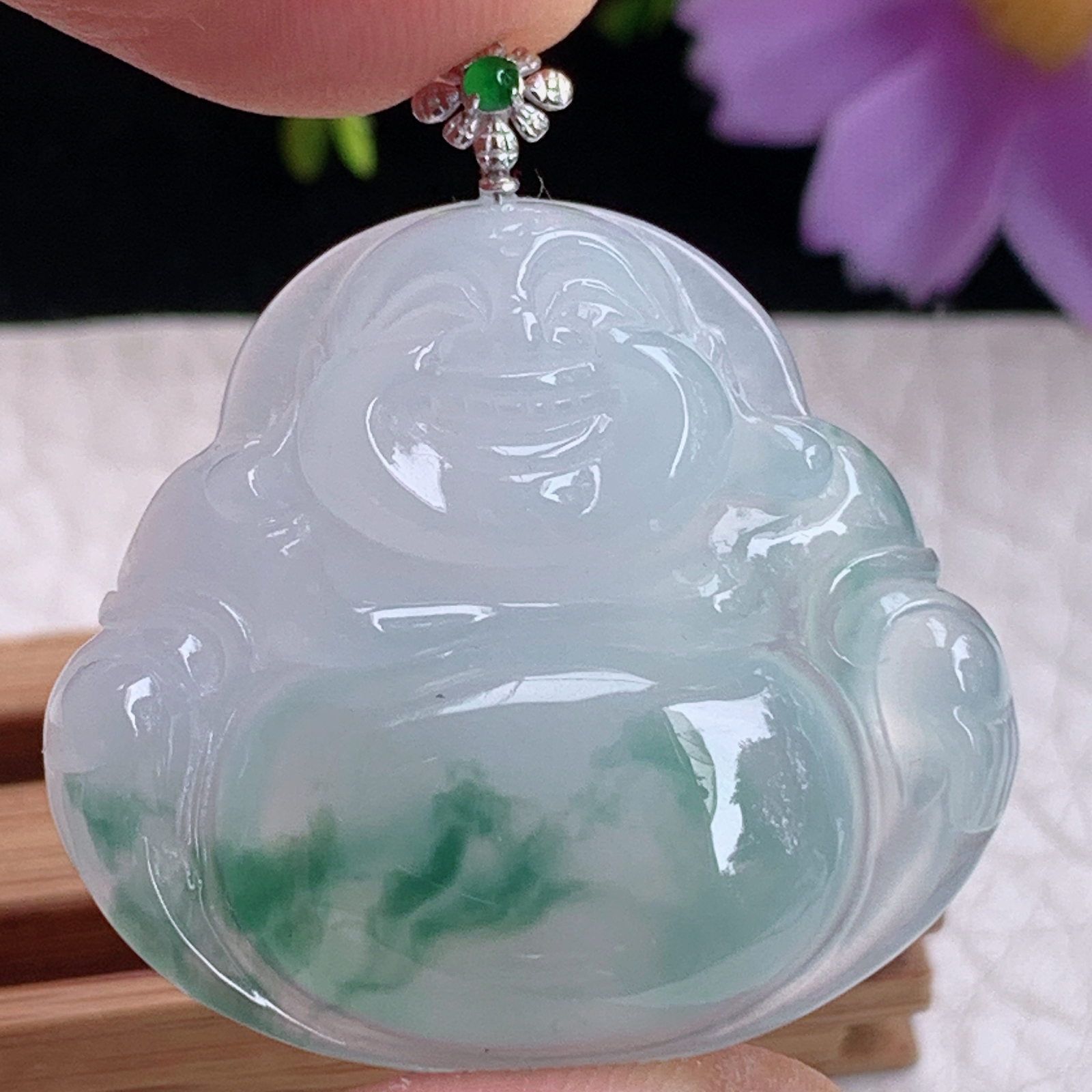 zz3实拍30*32.6*6缅甸翡翠冰种飘花大佛公吊坠 18k金扣弥勒佛玉坠