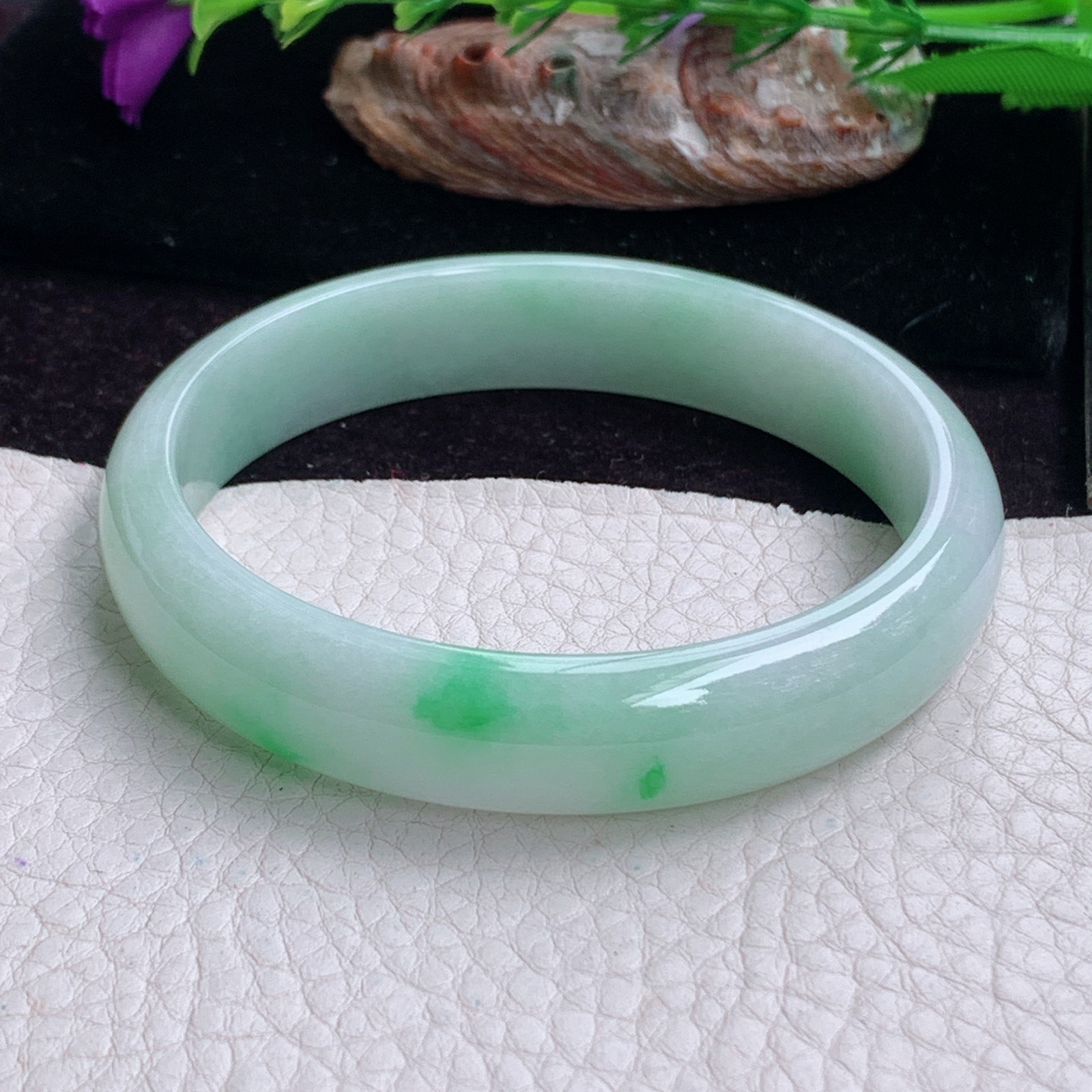 hy实拍59*12.5*6.5平安镯 天然缅甸翡翠手镯白底青正圈玉镯子