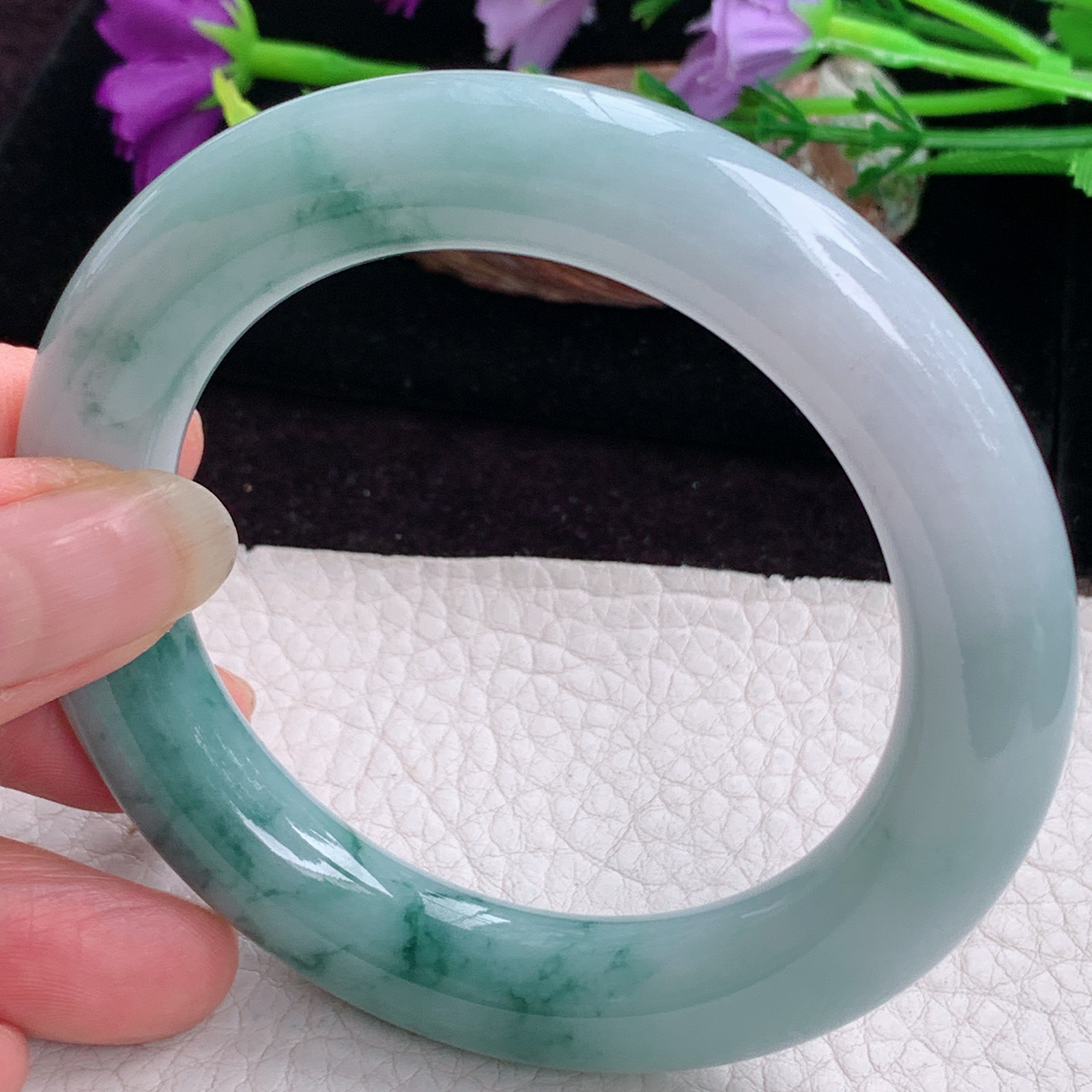 z实拍56*11.5*12胖圆镯 天然缅甸翡翠手镯飘花大气圆条正圈玉镯子