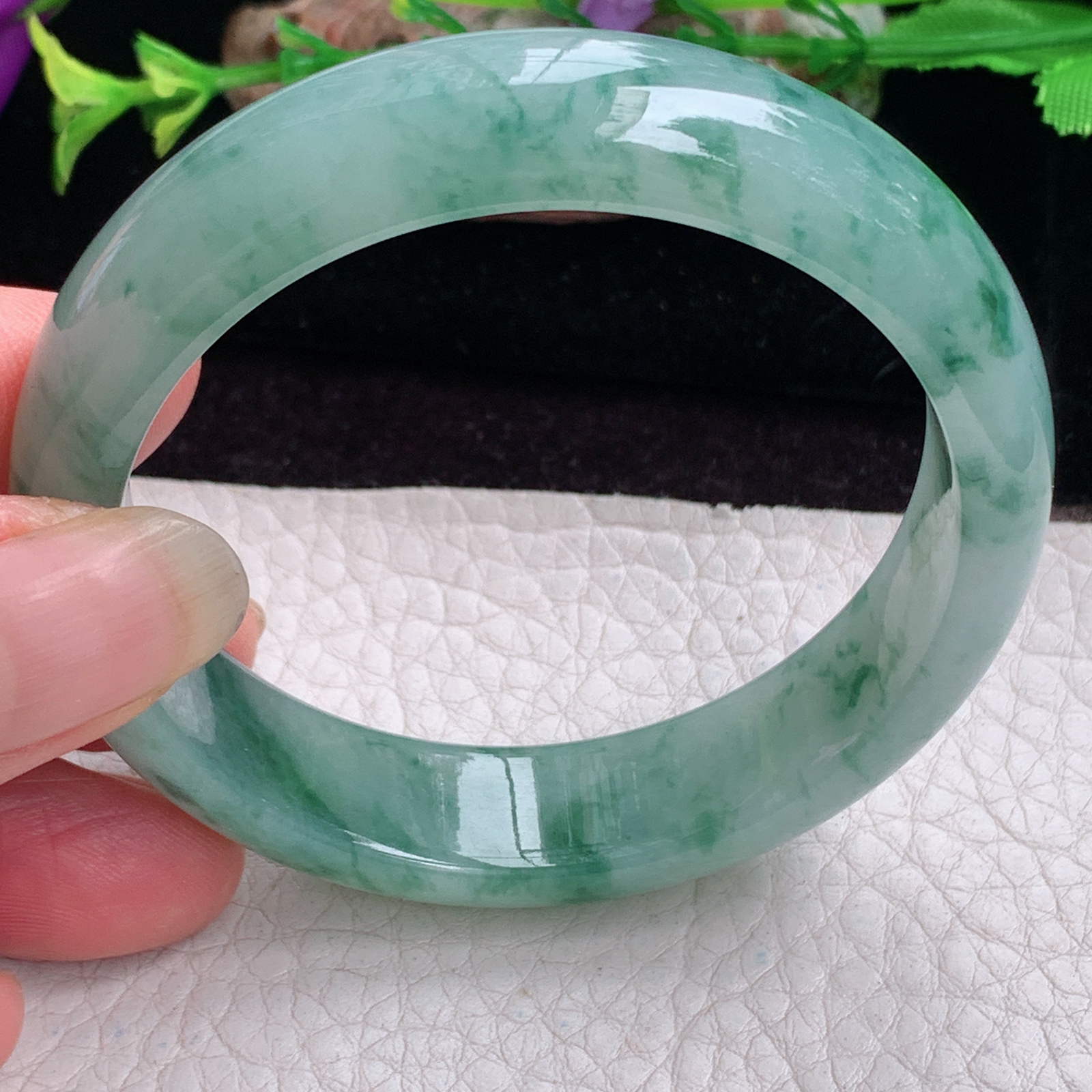 ee小圈口53*13.3*7.3平安镯 天然缅甸翡翠手镯冰飘花秀气正圈玉镯子