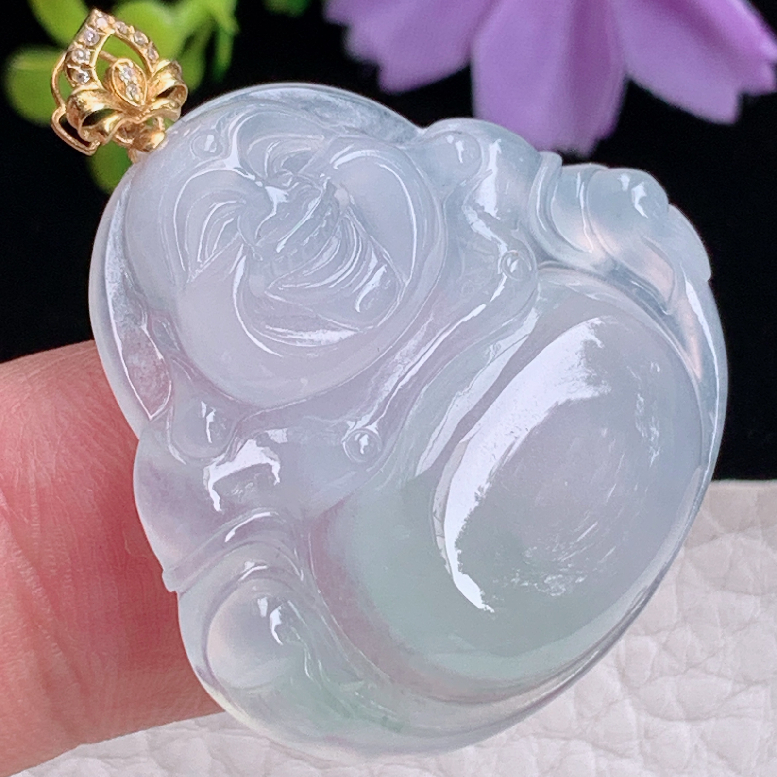 zz3实拍32*35.3*6缅甸翡翠白冰大佛公吊坠 镶18k金扣大肚弥勒佛毛衣坠