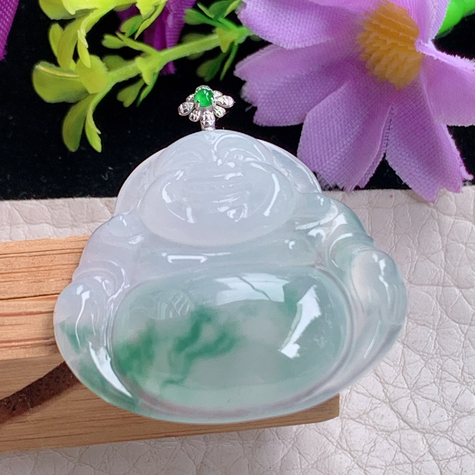 zz3实拍30*32.6*6缅甸翡翠冰种飘花大佛公吊坠 18k金扣弥勒佛玉坠