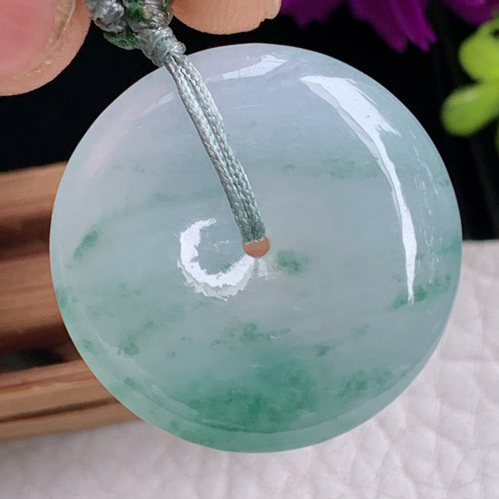 zz3实拍27.8*6.2缅甸翡翠飘花平安扣吊坠精美宝宝平安玉坠