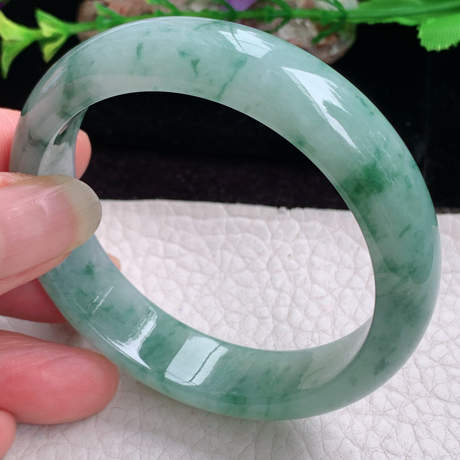 ee小圈口53*13.3*7.3平安镯 天然缅甸翡翠手镯冰飘花秀气正圈玉镯子