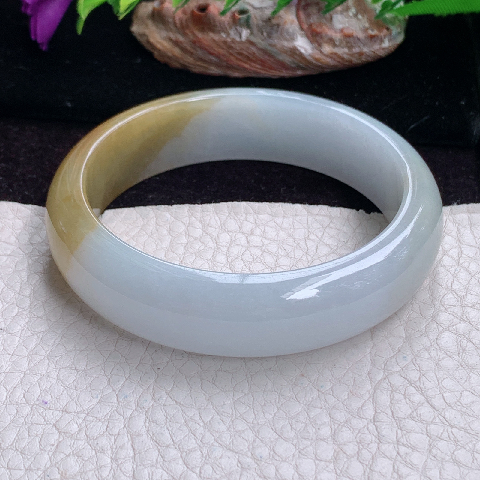 z实拍55*15*7.5招财轮胎镯 天然缅甸翡翠手镯双彩正圈玉镯子