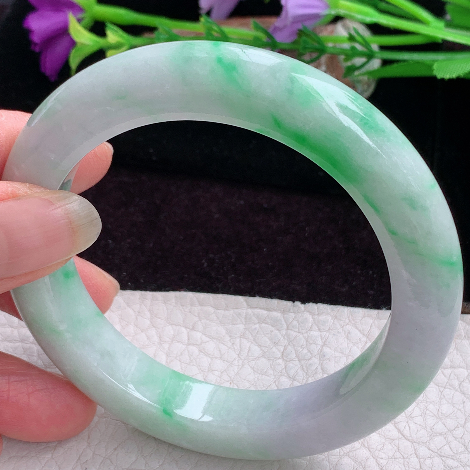 pj实拍58.8*11.8*10.5平安镯 天然缅甸翡翠手镯飘绿厚装正圈玉镯子