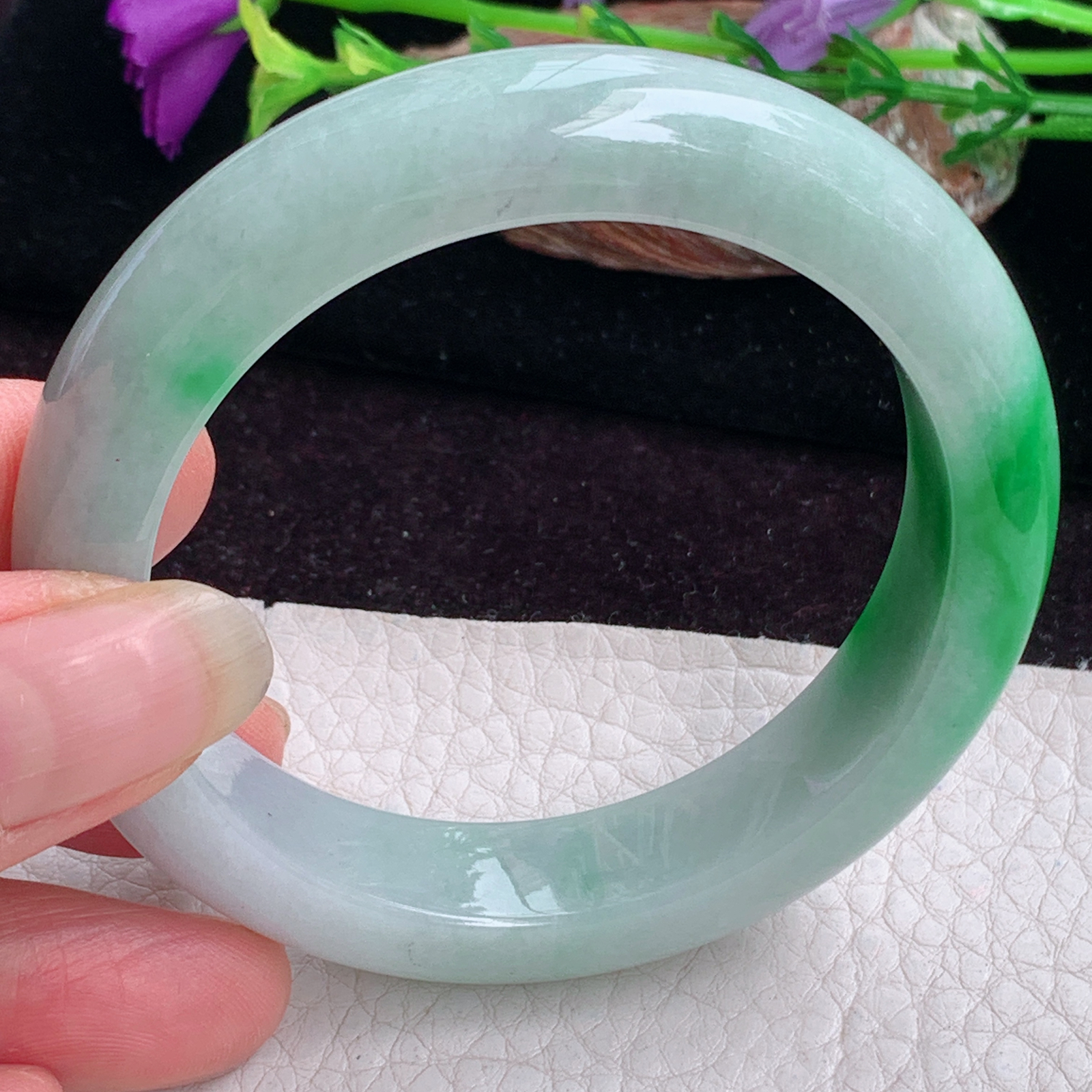 hy实拍53.5*12.5*9平安镯 天然缅甸翡翠手镯辣绿厚装正圈玉镯子