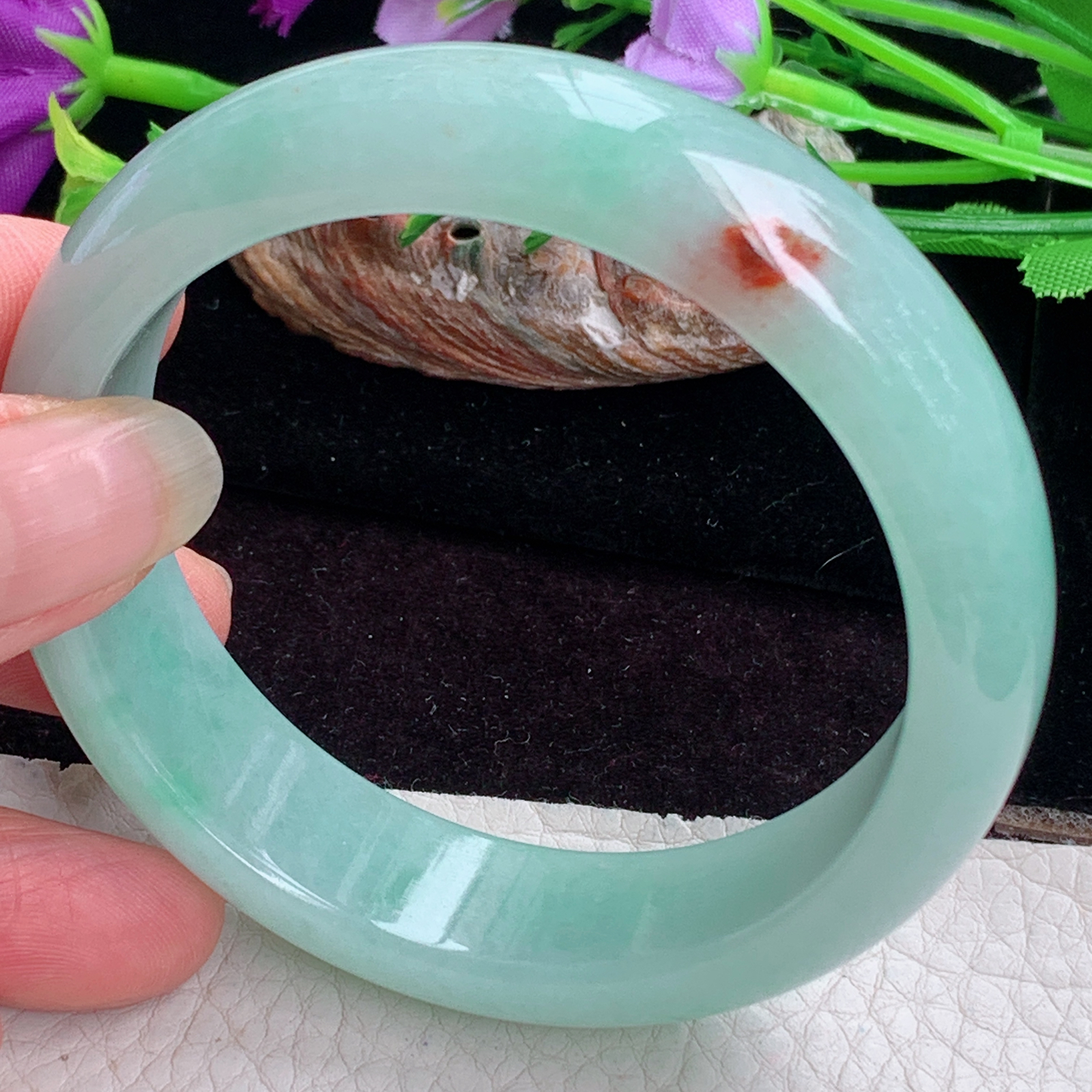 hy实拍59*16*8.2招财轮胎镯 天然缅甸翡翠手镯蓝韵飘红翡正圈玉镯子