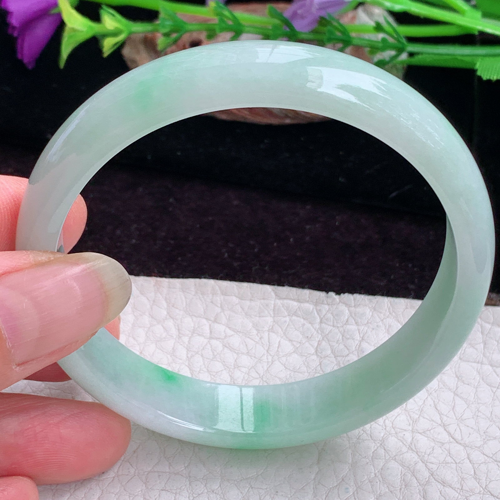 hy实拍59*12.5*6.5平安镯 天然缅甸翡翠手镯白底青正圈玉镯子