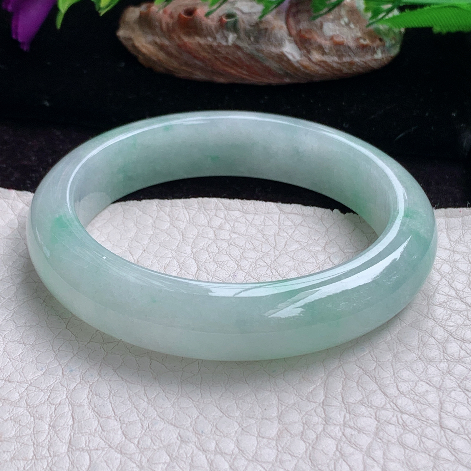 z小圈口52*12.5*8.2平安镯 天然缅甸翡翠手镯飘花秀气正圈玉镯子