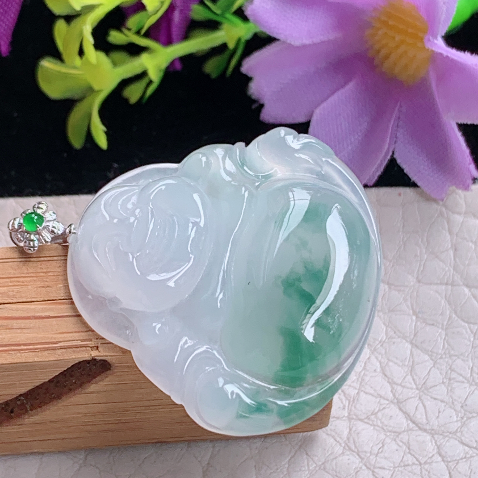 zz3实拍30*32.6*6缅甸翡翠冰种飘花大佛公吊坠 18k金扣弥勒佛玉坠