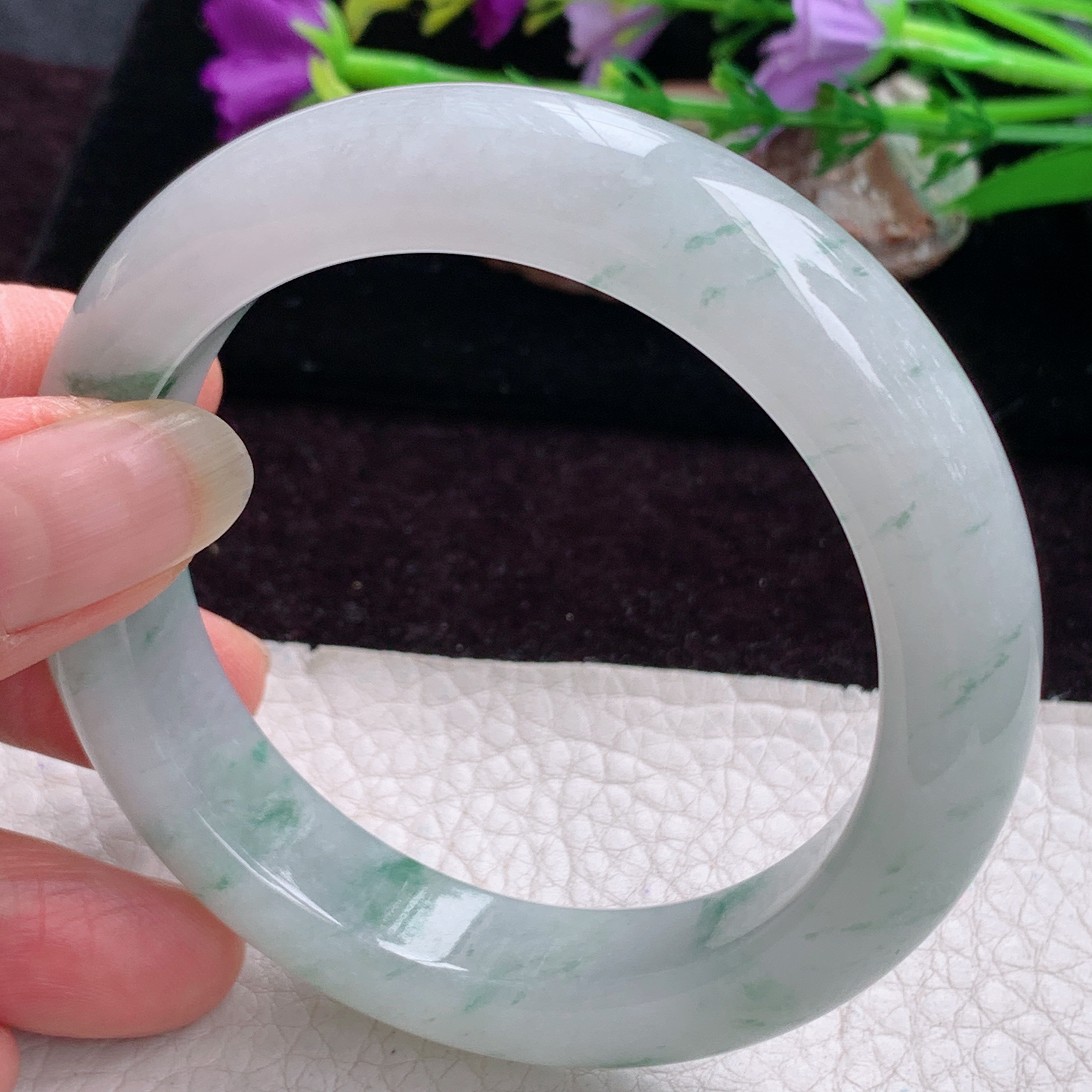 js实拍56*13.3*9.5平安镯 天然缅甸翡翠手镯冰飘花厚装正圈玉镯子