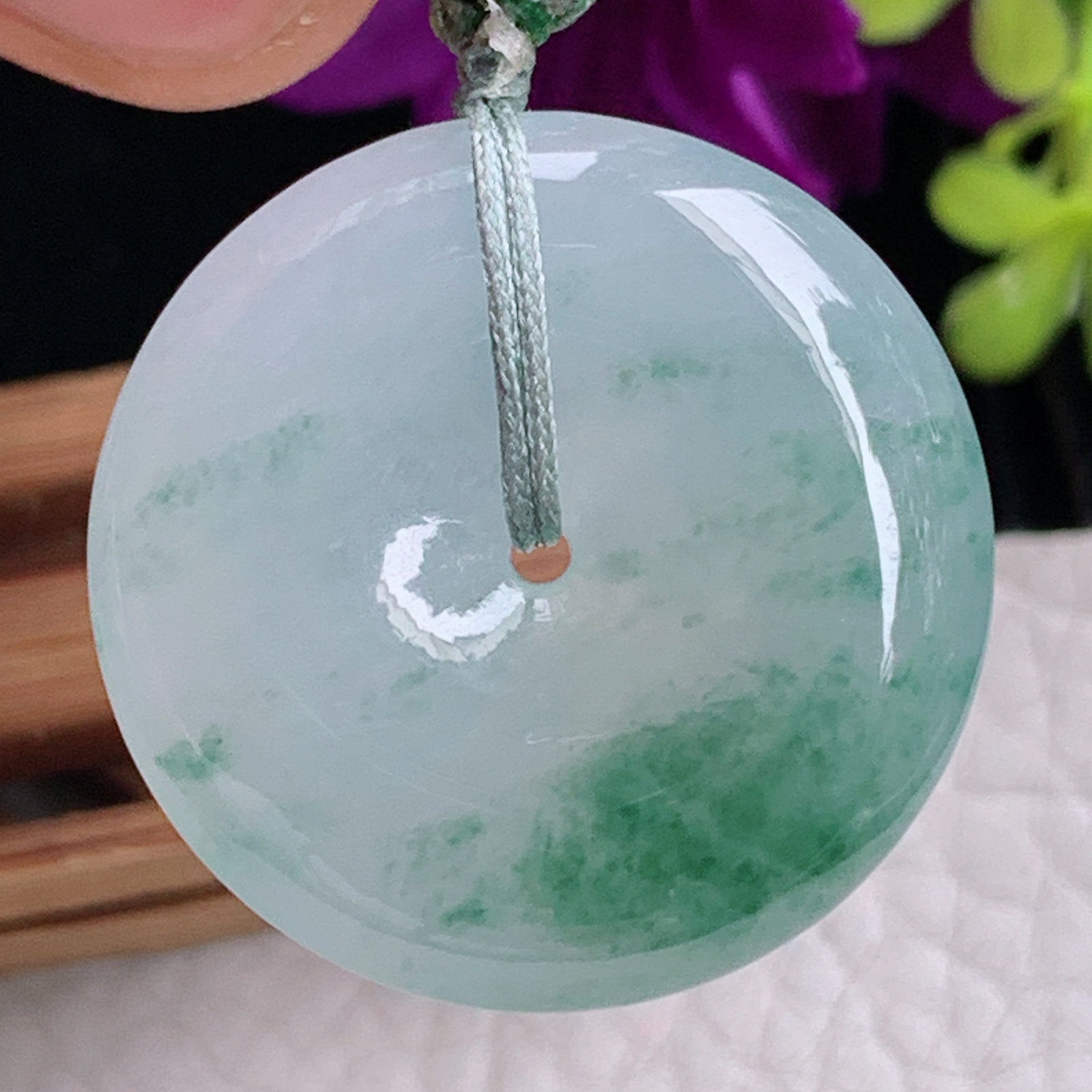 zz3实拍27.8*6.2缅甸翡翠飘花平安扣吊坠精美宝宝平安玉坠