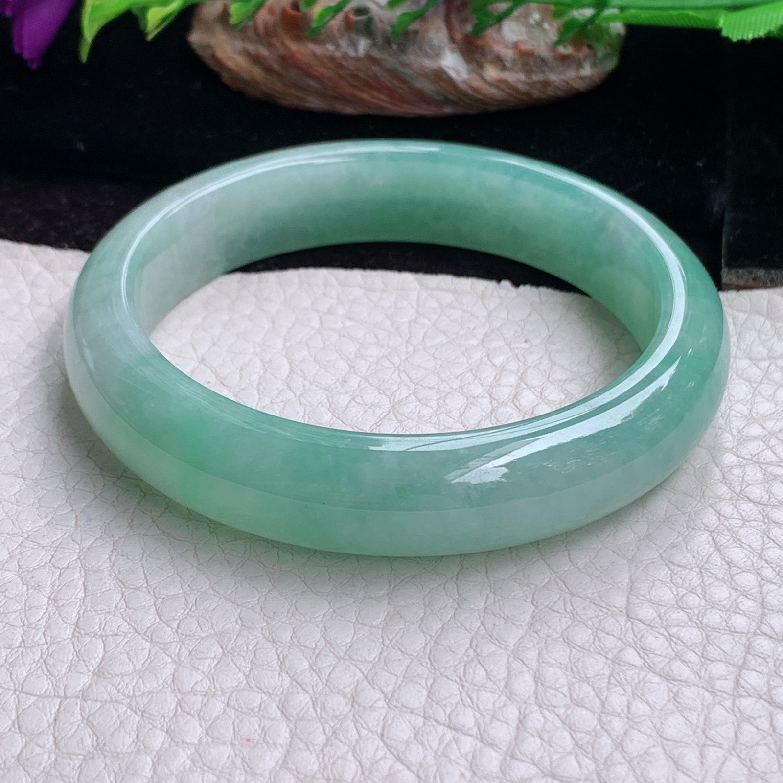 ee实拍57.5*13*8.2平安镯 天然缅甸翡翠手镯冰胶飘绿清爽大气正圈玉镯子