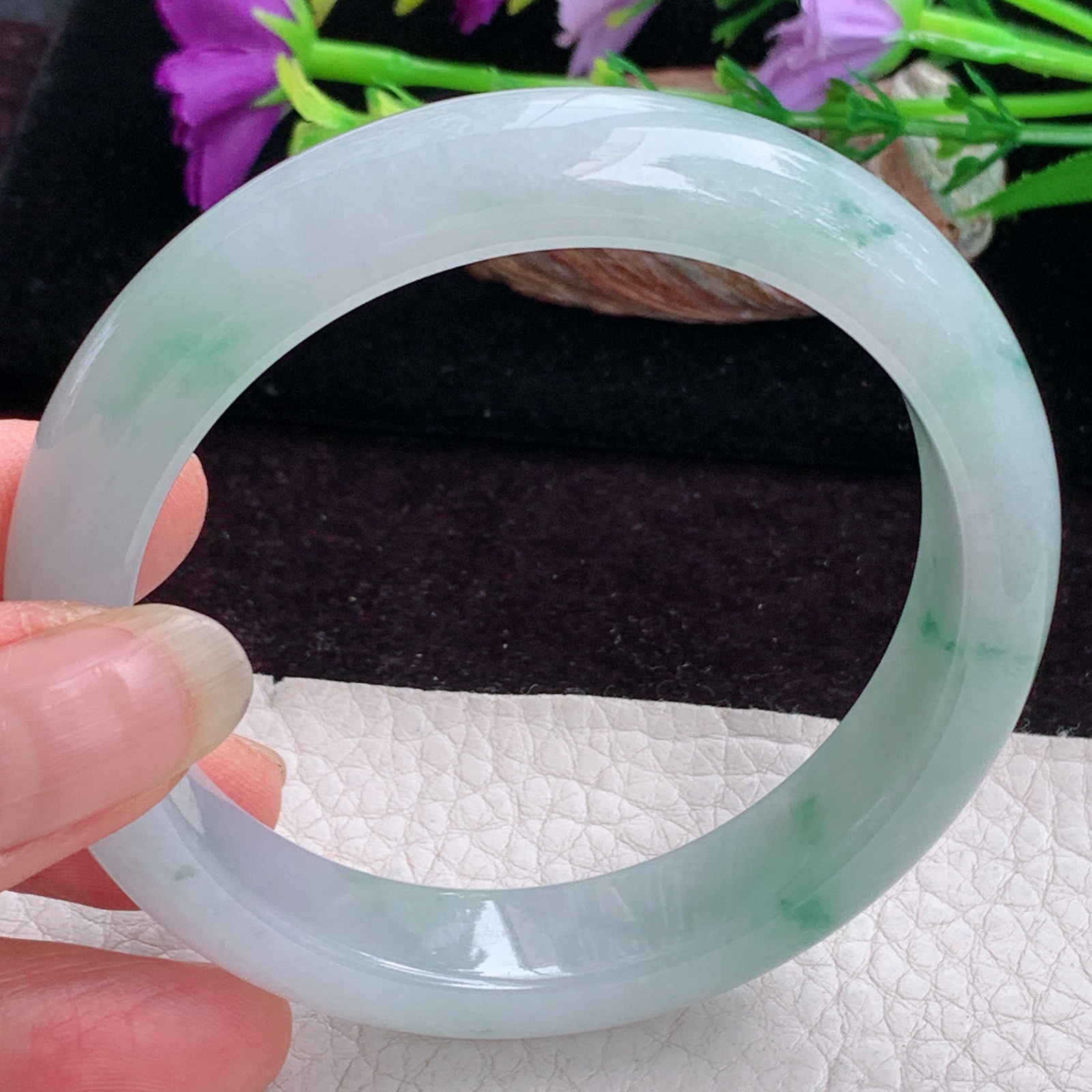 fx实拍58*13*8.7平安镯 天然缅甸翡翠手镯冰飘花胶感正圈玉镯子