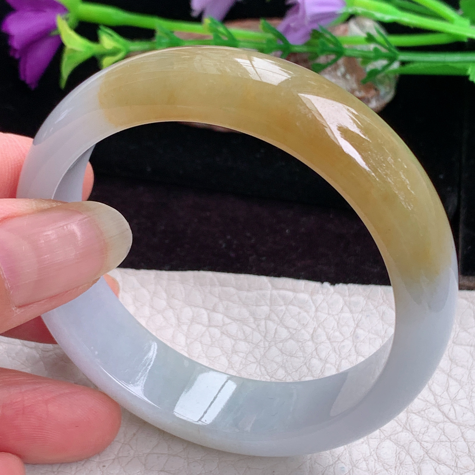 z实拍55*15*7.5招财轮胎镯 天然缅甸翡翠手镯双彩正圈玉镯子