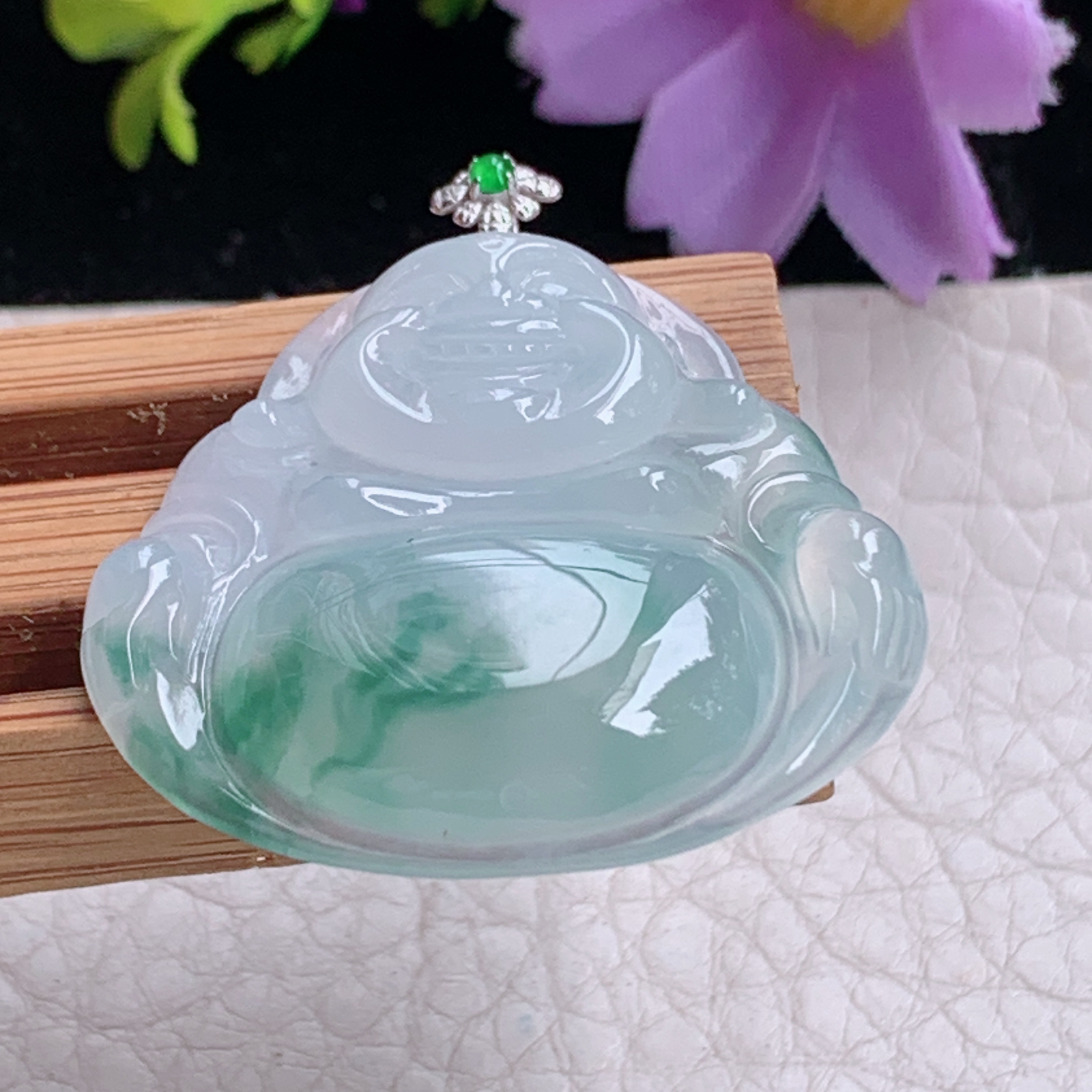 zz3实拍30*32.6*6缅甸翡翠冰种飘花大佛公吊坠 18k金扣弥勒佛玉坠