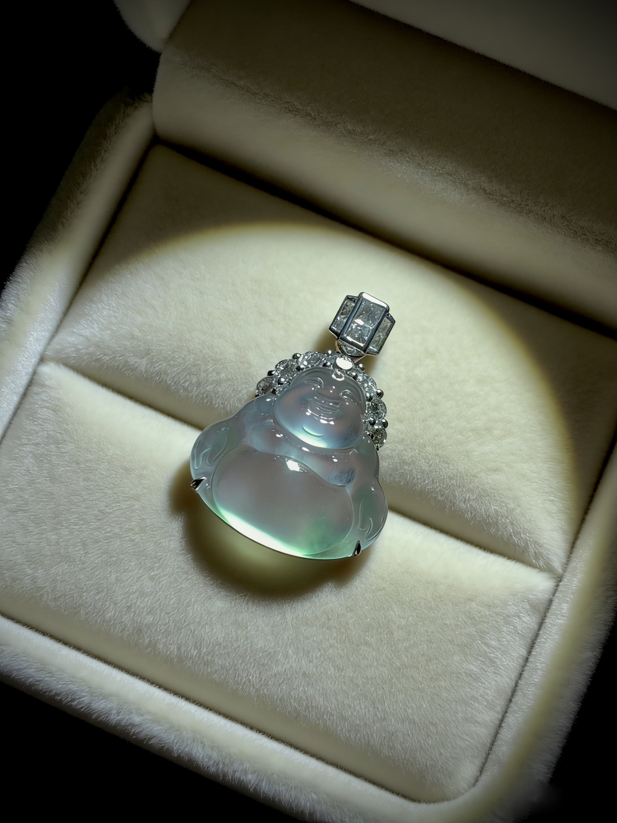 【大肚能容·笑口常开·弥勒佛】，
裸石约17-15.5-4.2mm，
整体23.8-17-6.6mm，3.9g，
18K金，南非钻，