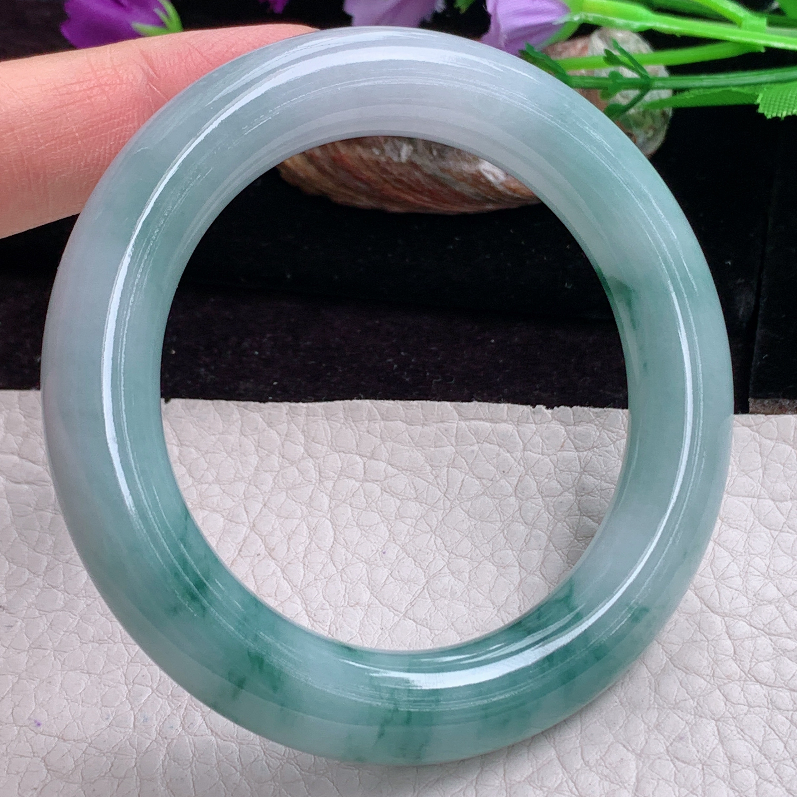 z实拍56*11.5*12胖圆镯 天然缅甸翡翠手镯飘花大气圆条正圈玉镯子